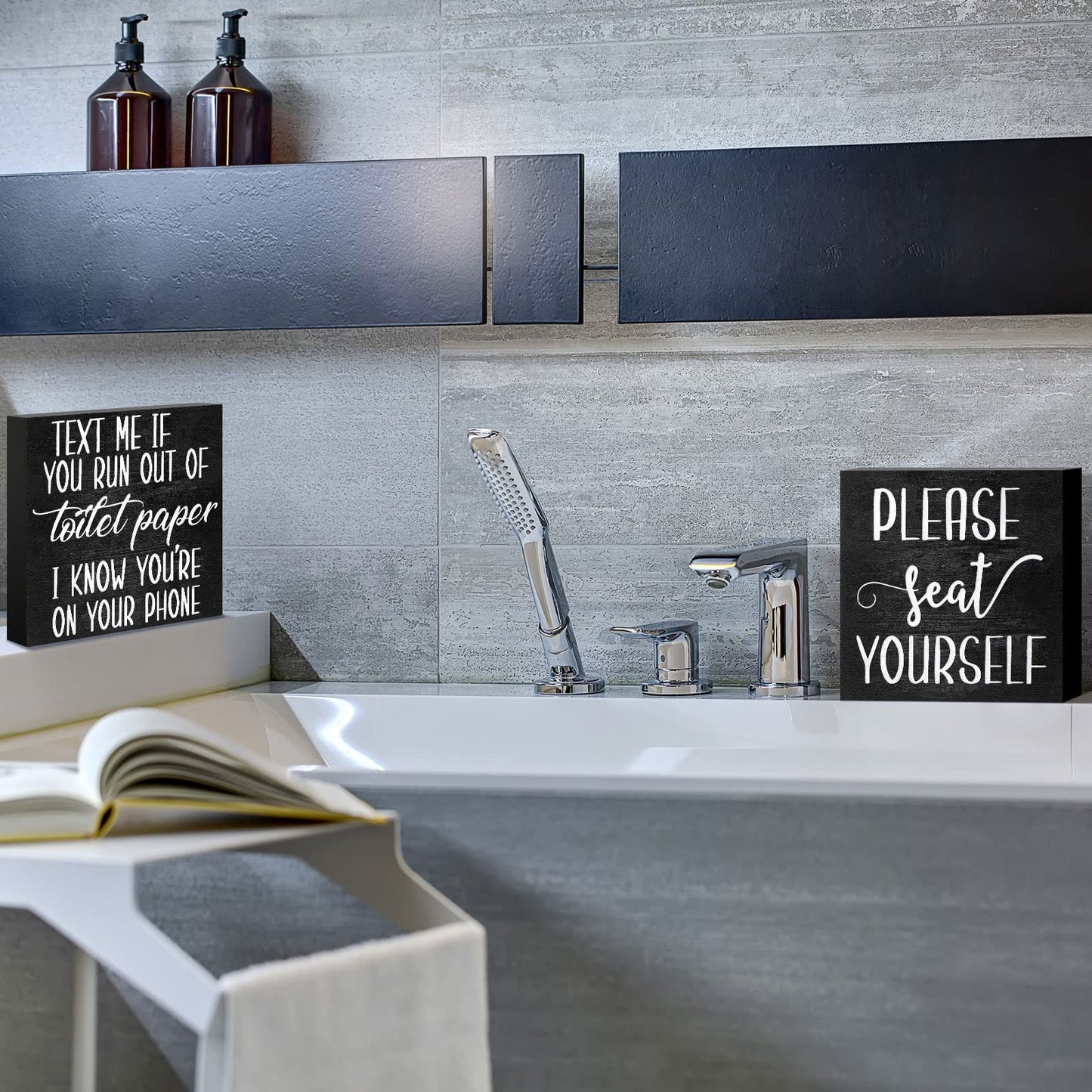 Jetec Set of 2 Farmhouse Bathroom Signs Decor Funny Rustic Wood Plaque Bathroom Wall Art Please Seat Yourself Wooden Toilet Signs for Home Restroom Shelves(Black)