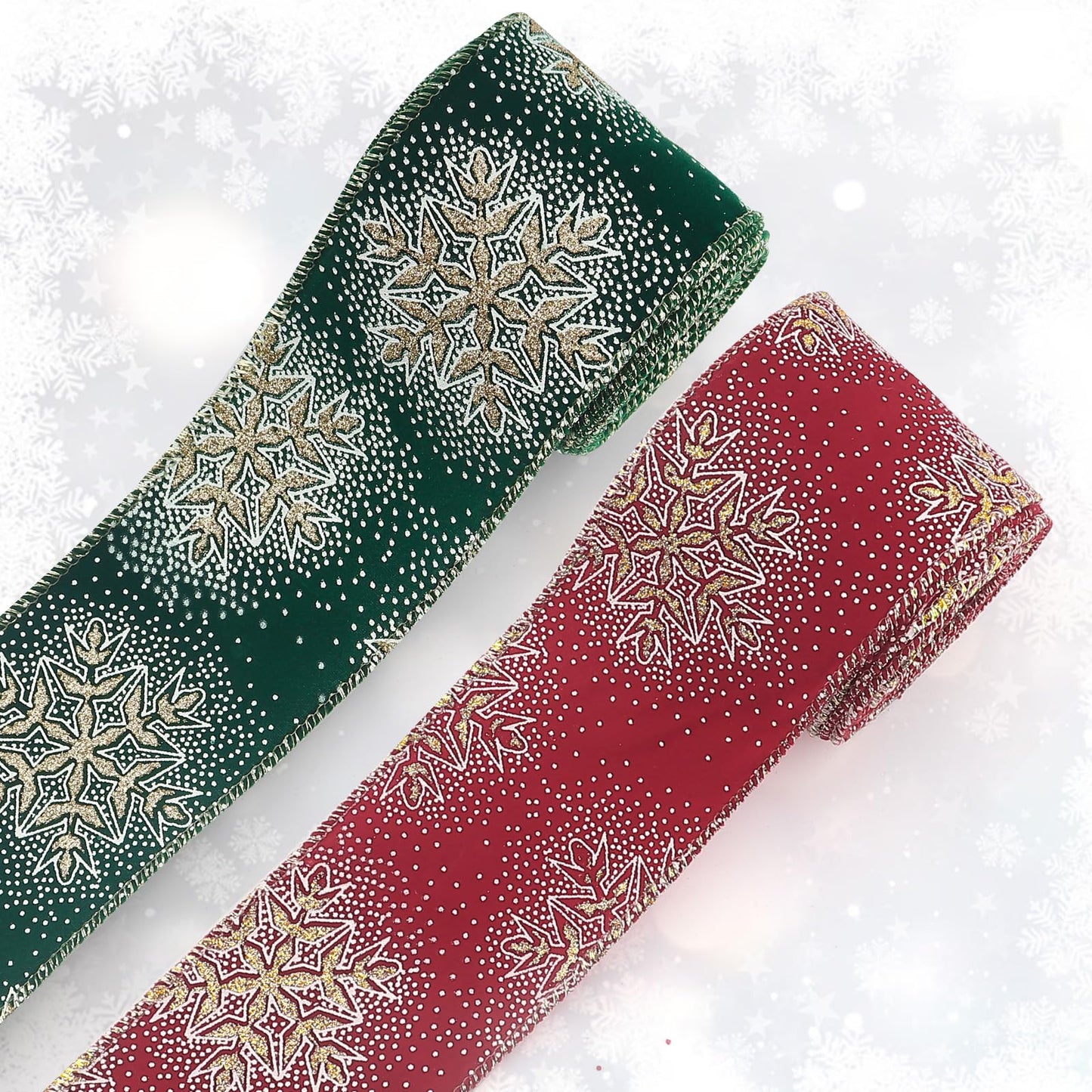 Threetols 2 Rolls 10 Yards Christmas Wired Edge Ribbons, 2.5inch Gold Glitter Snowflake Burlap Ribbons, Green Red Velvet Ribbon for Xmas Christmas DIY Craft Winter Wreath Bow New Year Party Decor