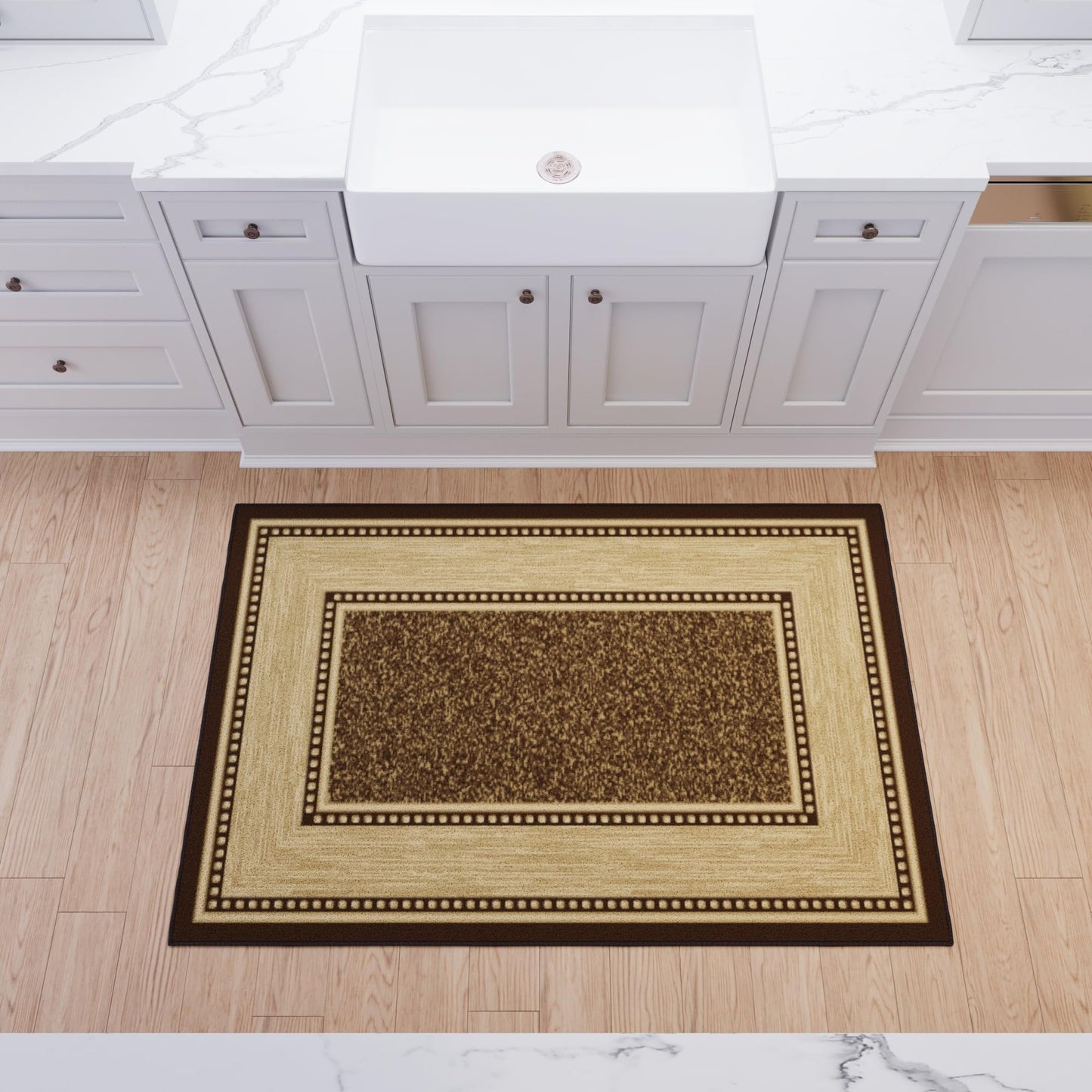 Ottomanson Area Rug 3'3" x 5' – Non Slip Rubber Backed Indoor Rug, Low Pile Accent Rug for Living Room, Bedroom, Entryway, Kitchen, Durable Floor Carpet, Border Brown