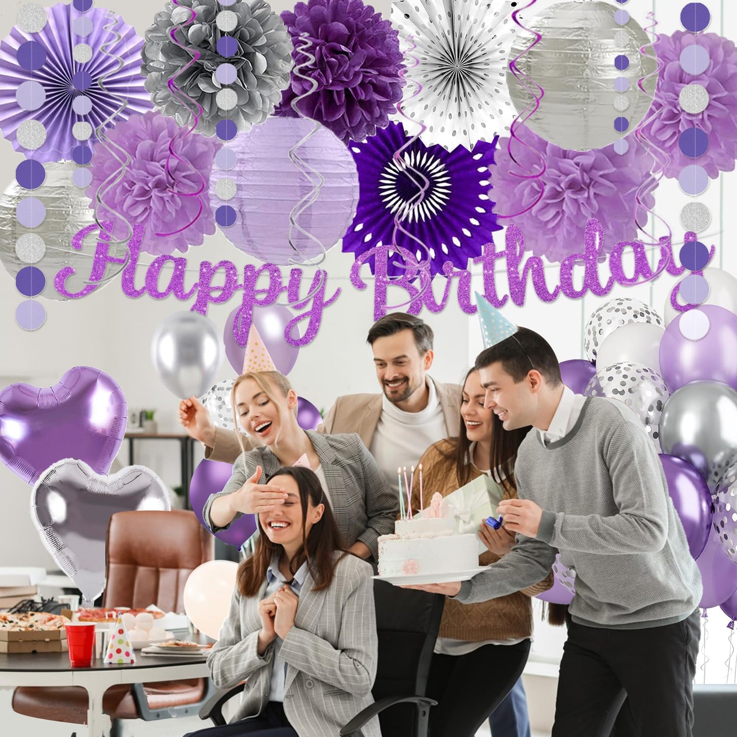Purple Silver Birthday Party Decorations Kit with Happy Birthday Banner, Paper Lanterns, Streamers, Tissue Pom Poms, Honeycomb Flower Fans, Silver and Purple Balloons, & More for Women Girls' Party