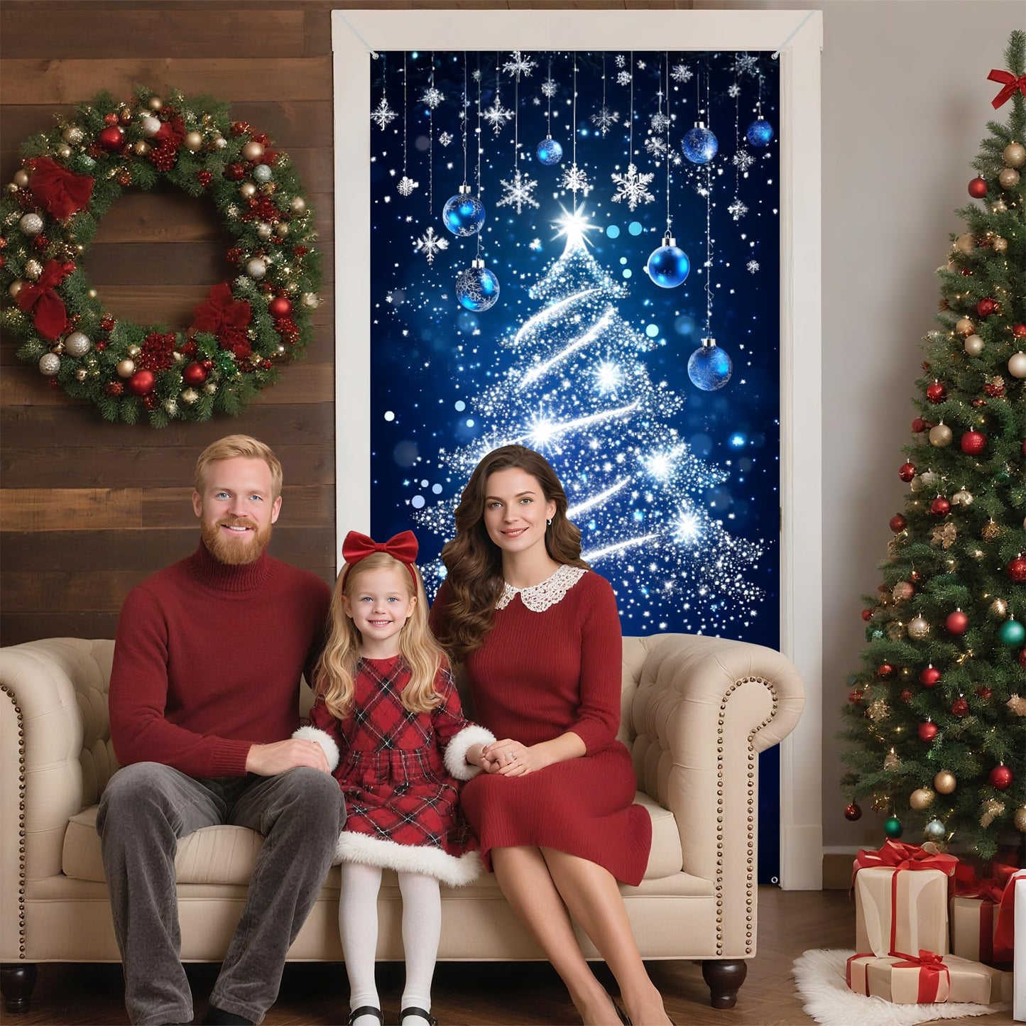 Christmas Door Cover Xmas Banner, 70.8 x 35.4 inch Hanging Front Door Cover Christmas Decor Backdrop Santa Background for Home Winter Holiday, Blue Christmas tree