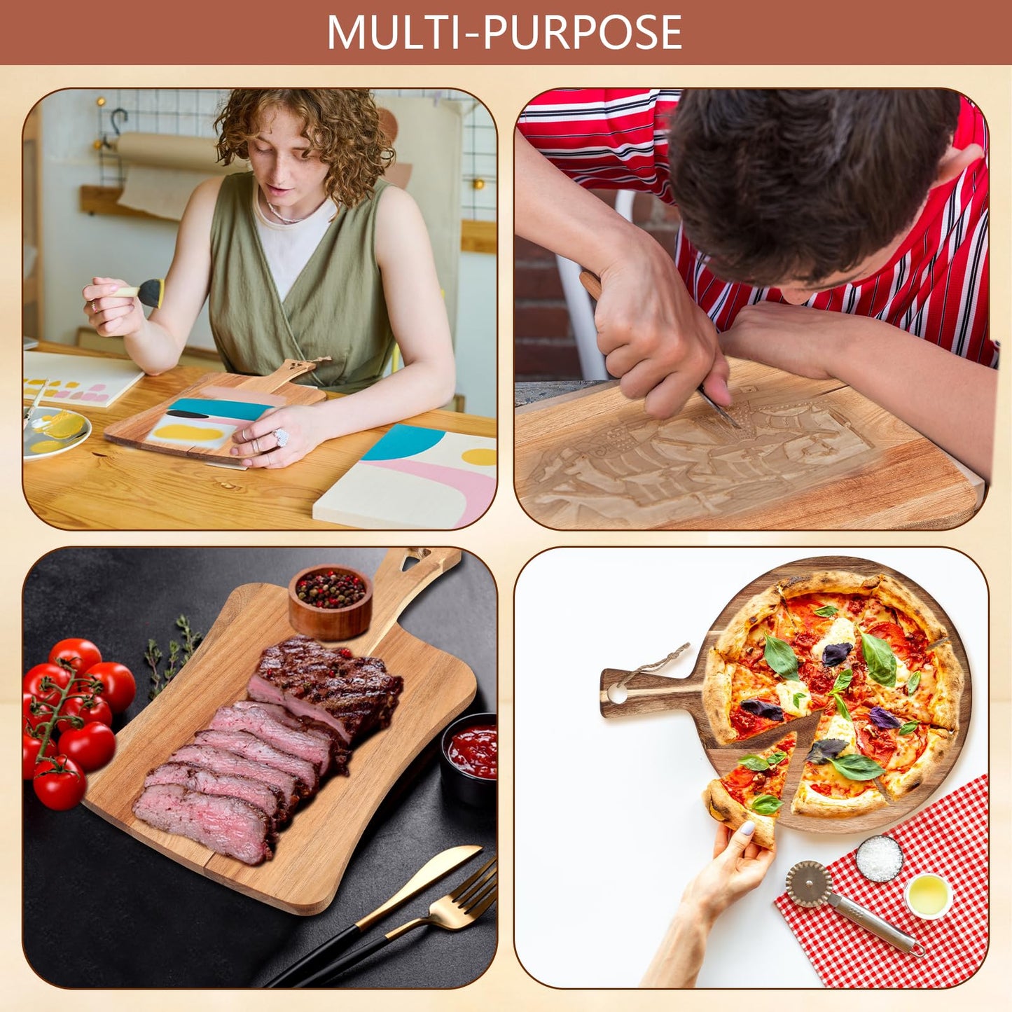 Hsei 2 Pcs Acacia Wood Cutting Board with Handle Wooden Charcuterie Board Large Paddle Carving Chopping Set Butter Serving Tray for Cheese Meat Fruit Pizza Bread Baking(Practical Handle)