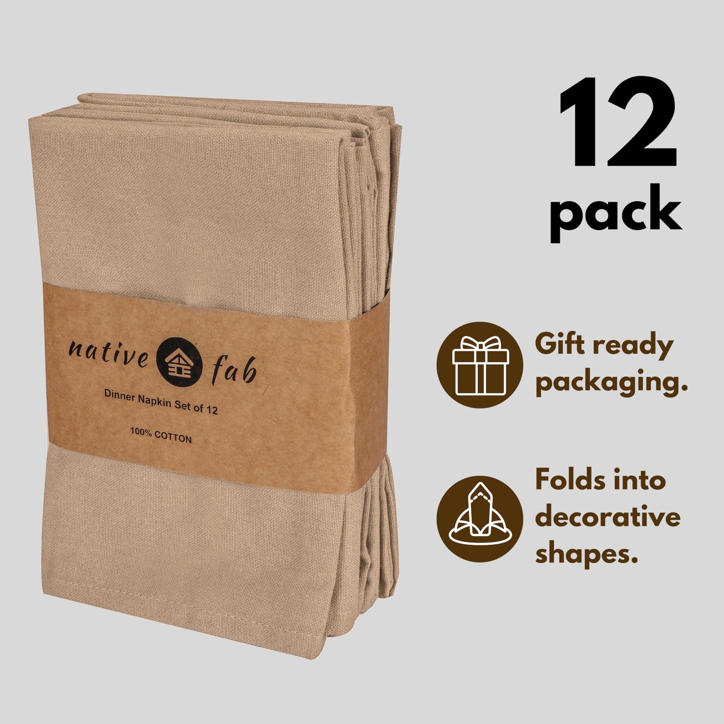 Native Fab Cloth Napkin Set of 12, 100% Cotton, Washable, Reusable Dinner Cloth Napkin 17x17 inches, Table Decor Napkins for Dinner, Events, Beige