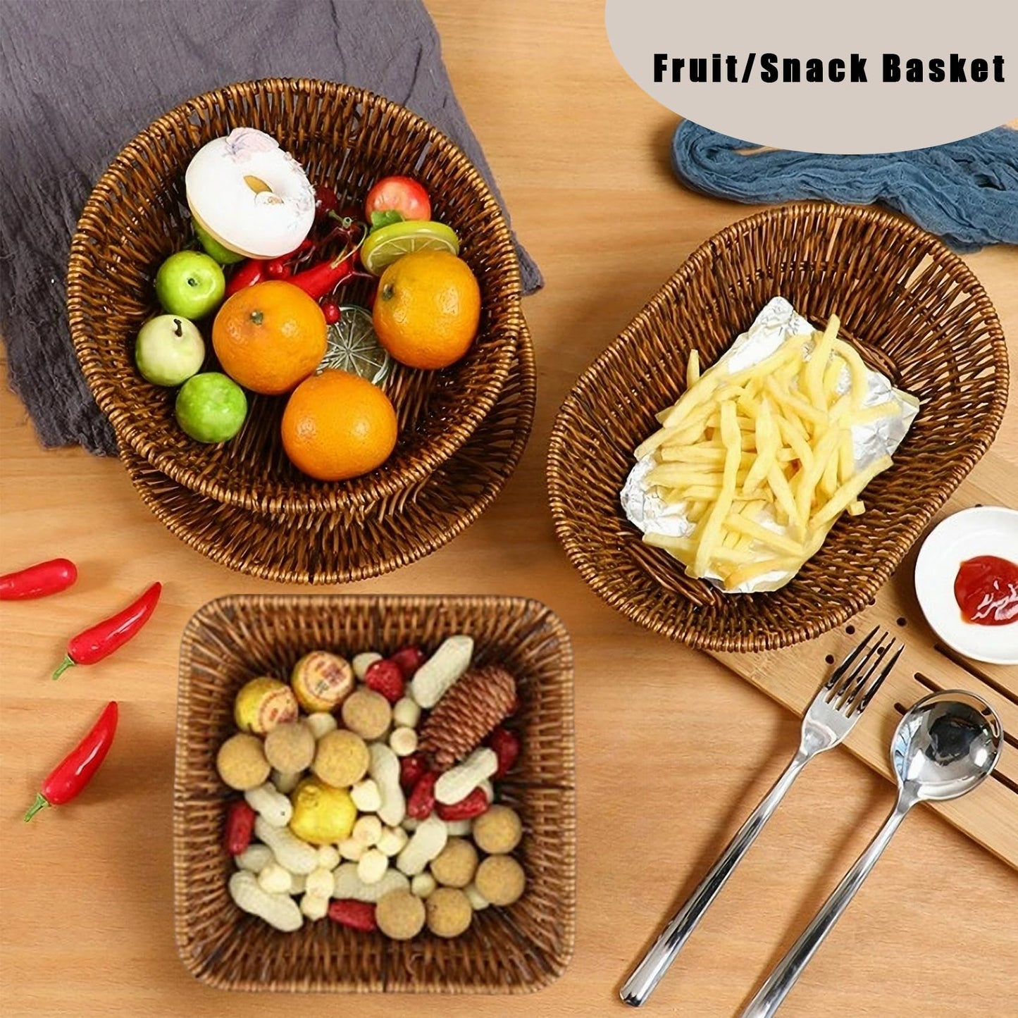 CBAOCBKVH Set of 3 Small Wicker Baskets, Bread Baskets for Serving, Handwoven Decorative Rattan Fruit Snack Food Storage Organizer for Kitchen Brown
