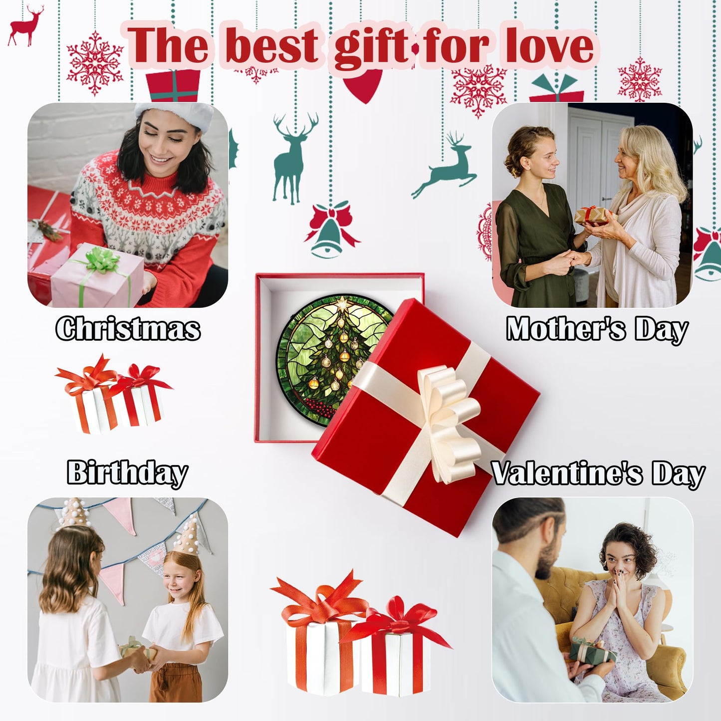 DASTOLL Stained Glass Window Hanging - Green Christmas Tree Golden Bells Suncatcher for Doors Home Christmas Decoration Sun Catcher Thanksgiving New Year Birthday Gift for Women Men Mom Nana 7.8 in