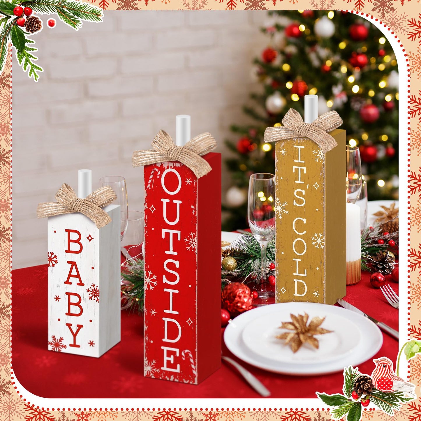Cinnvoice 3 Pcs Christmas Table Decorations Winter Tiered Tray Decor Rustic Farmhouse Christmas Wooden Block Sign and Centerpieces for Xmas Winter Home Kitchen Mantel Shelf Decor(It's Cold Outside)