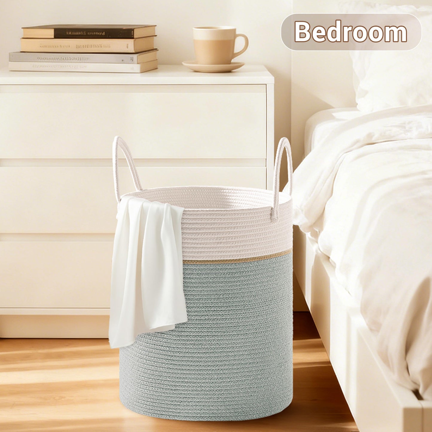 SunNewt Tall Laundry Basket with Handles, 72L Portable Dirty Clothes Hamper, Boho Cotton Rope Storage Bin for Blankets Kids Toys Gifts, Large Organizer for Baby Nursery Bedroom Bathroom, Sage Green