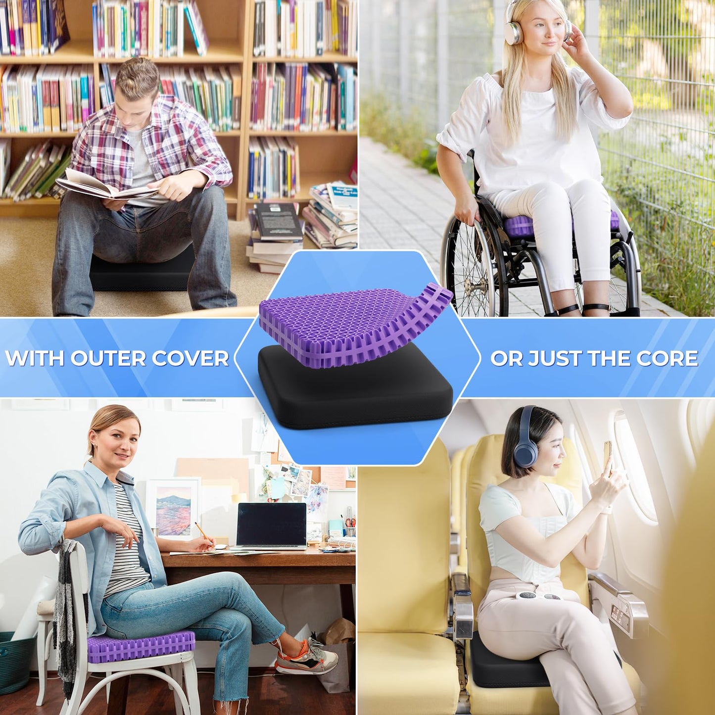 TushGuard Gel Seat Cushion for Long Sitting, Enlarged & Thickened Patent Design, Breathable Cooling for Office Chair, Soft Car Seat Cushion for Wheelchair (Standard, Black)