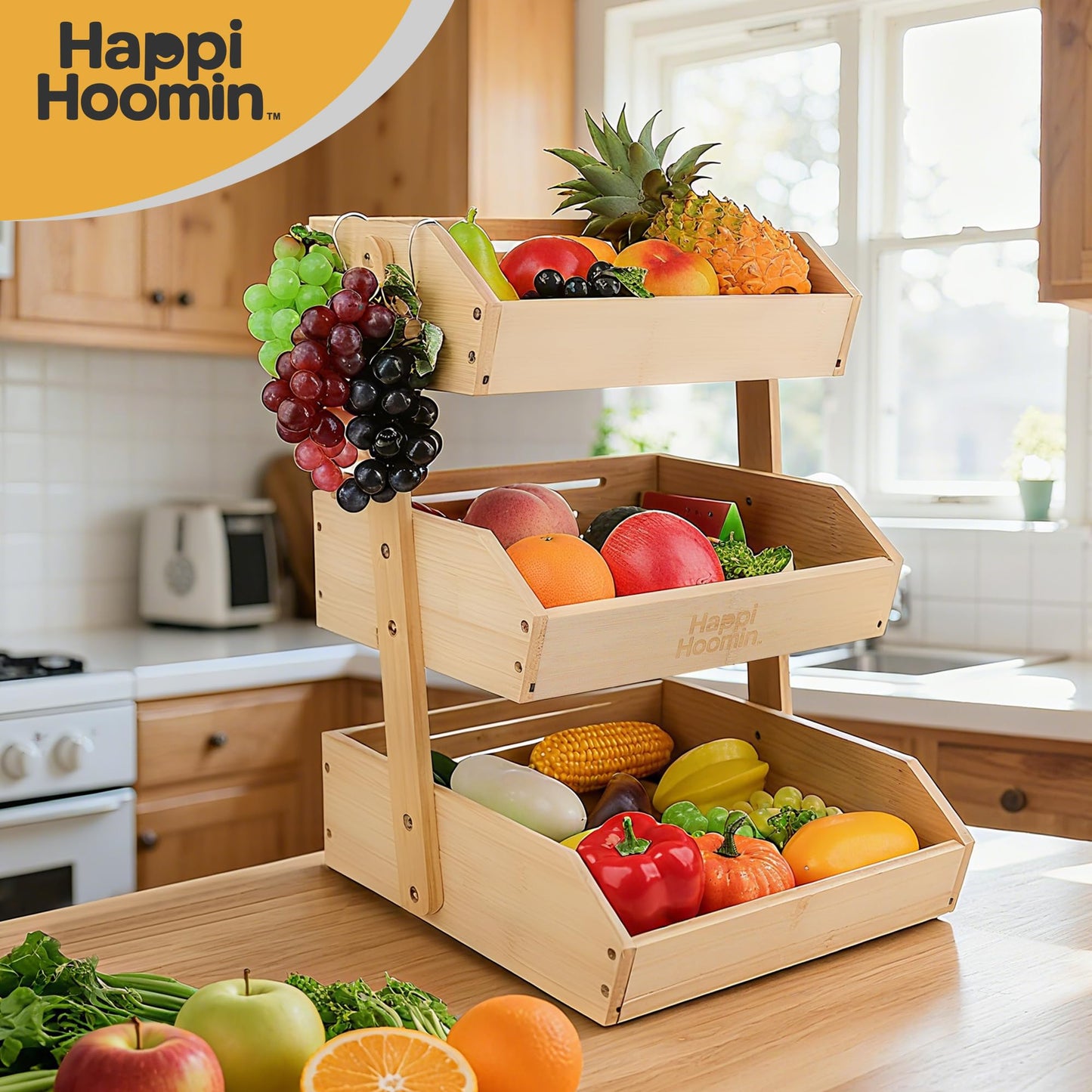 Happi Hoomin 3 Tier Fruit Basket for Kitchen Counter, Bamboo Fruit and Vegetable Storage Rack, Kitchen Organizer and Storage, Vegetable Baskets for Kitchen, Fruit Organizer, Frutero para Cocina