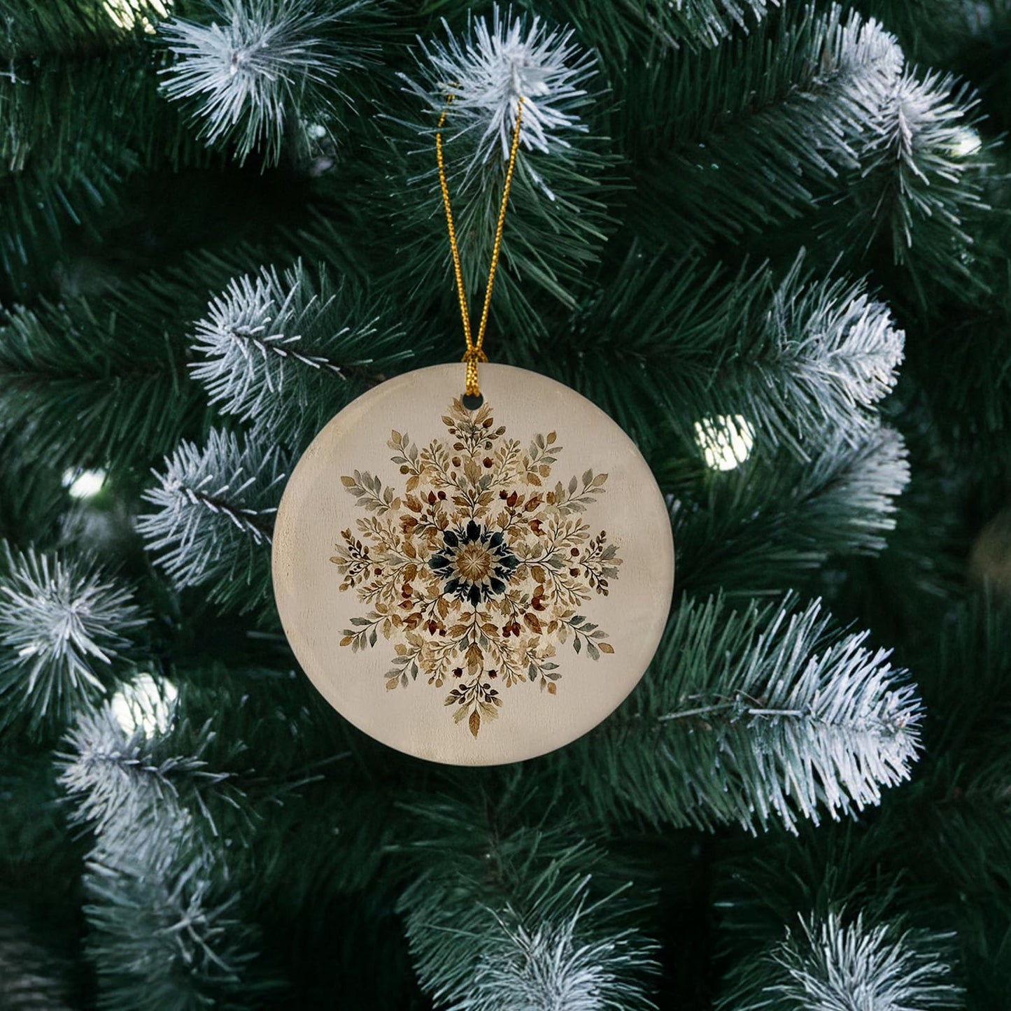 Ebroniah Winter Snowflake Snow Floral Christmas Ceramic Ornaments, Rustic Farmhouse Leaf Hanging Round Holiday Ornament Decor, Botanical Boho Beige Gifts Keepsake for Women Car Window Decorations 3in