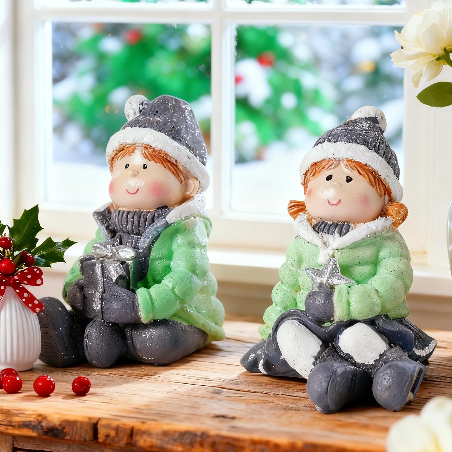 Brizoria Christmas Mini People Figurines Set of 2 Boy and Girl Winter Decorations Indoor Resin Little People Figures Miniature Figurines for Holiday Tabletop Diorama Crafts