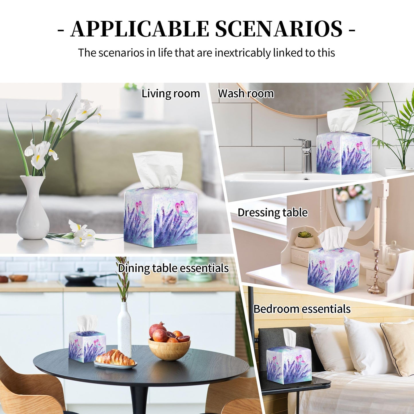 Purple Lavender and Butterfly Tissue Box Cover Square,Watercolor Lavender Flowers Tissue Box Holder Waterproof Leather Facial Paper Organizer Dispenser for Bathroom Home Car Nightstand Vanity Desk