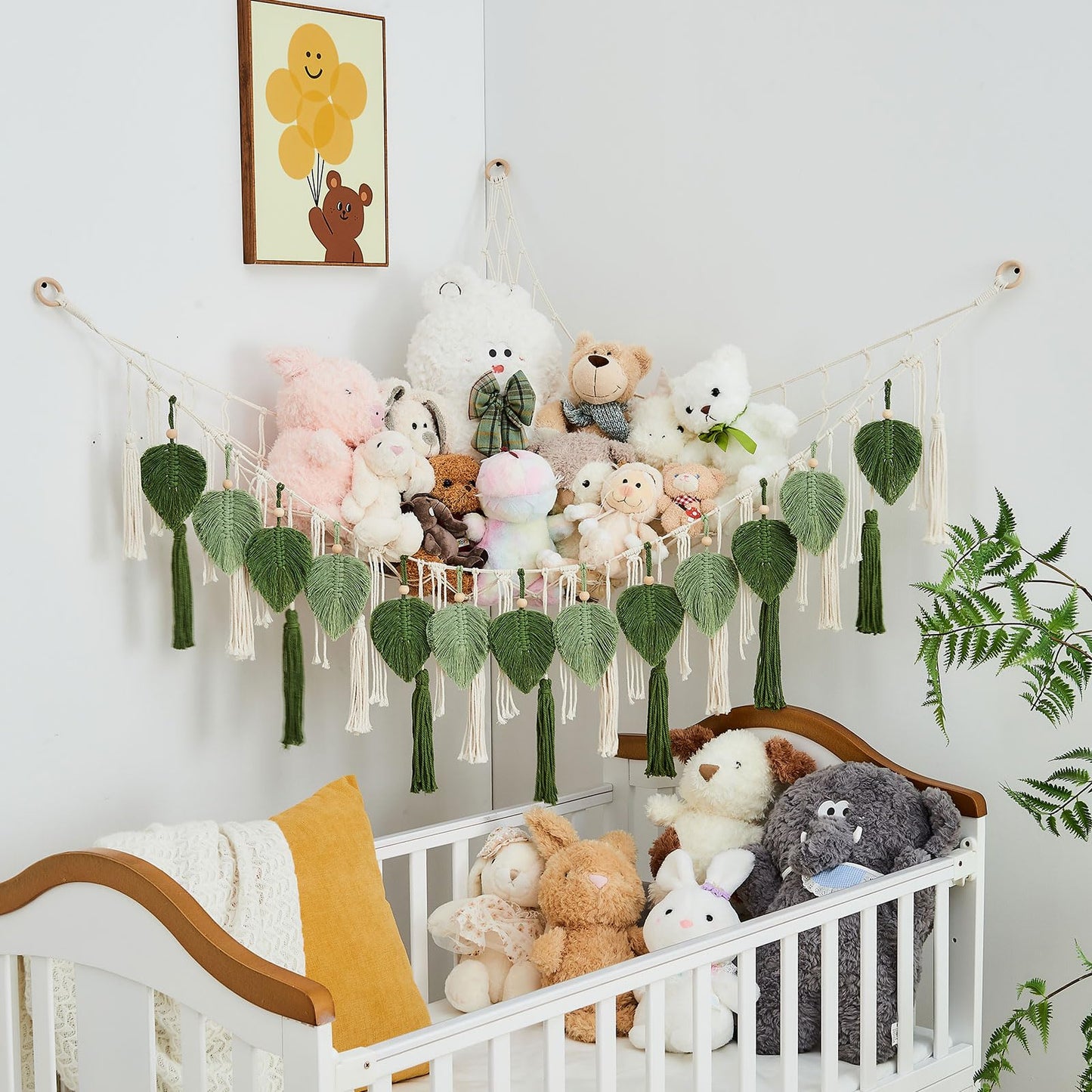 Pretty Jolly Stuffed Animal Storage with Hand Woven Leaf Tassels Hammock Corner Hanging Net Boho Macrame Plush Storage for Toys Kid Room Wall Nursery Decor for Girls Gift (Sage Green&Avocado Green)