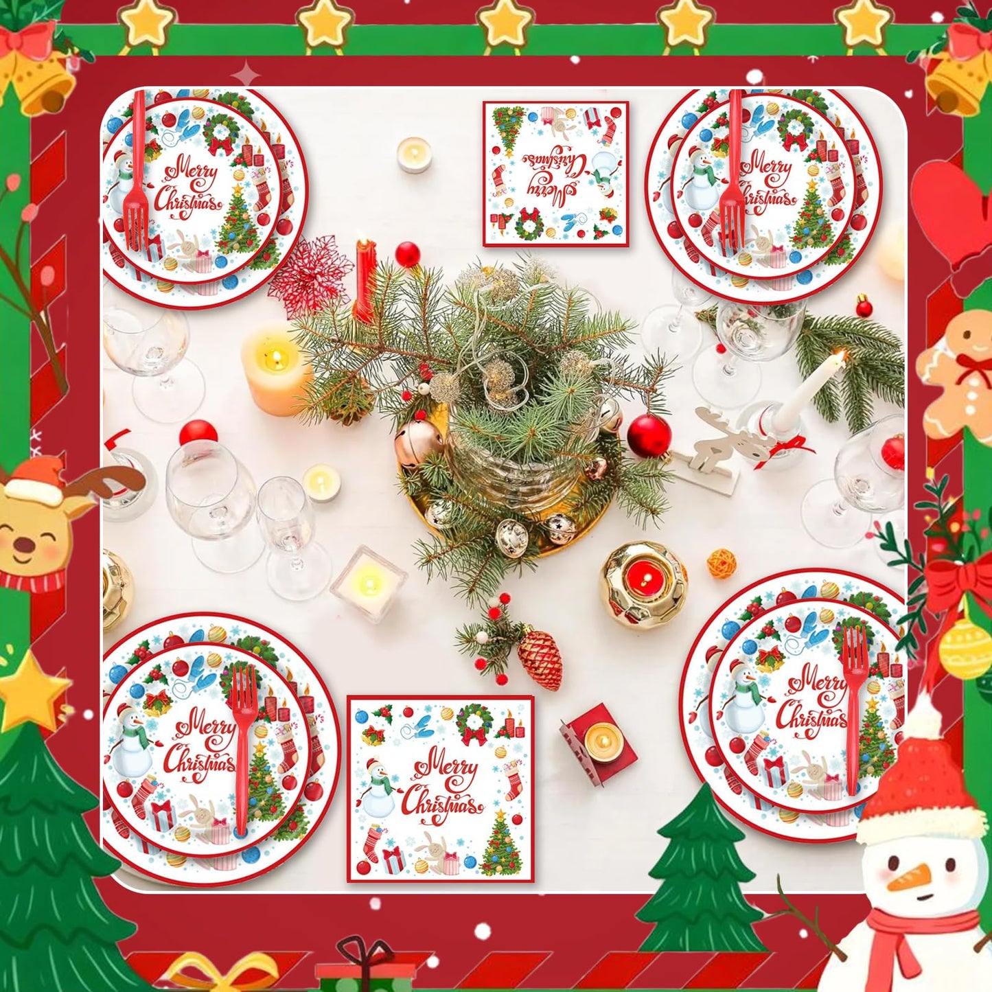 Slynxr 125PCS Christmas Party Supplies with Christmas Paper Plates and Napkins, Paper Cups & Forks Disposable Holiday Snowman Snowflake Party Supplies Decoration Serves 25