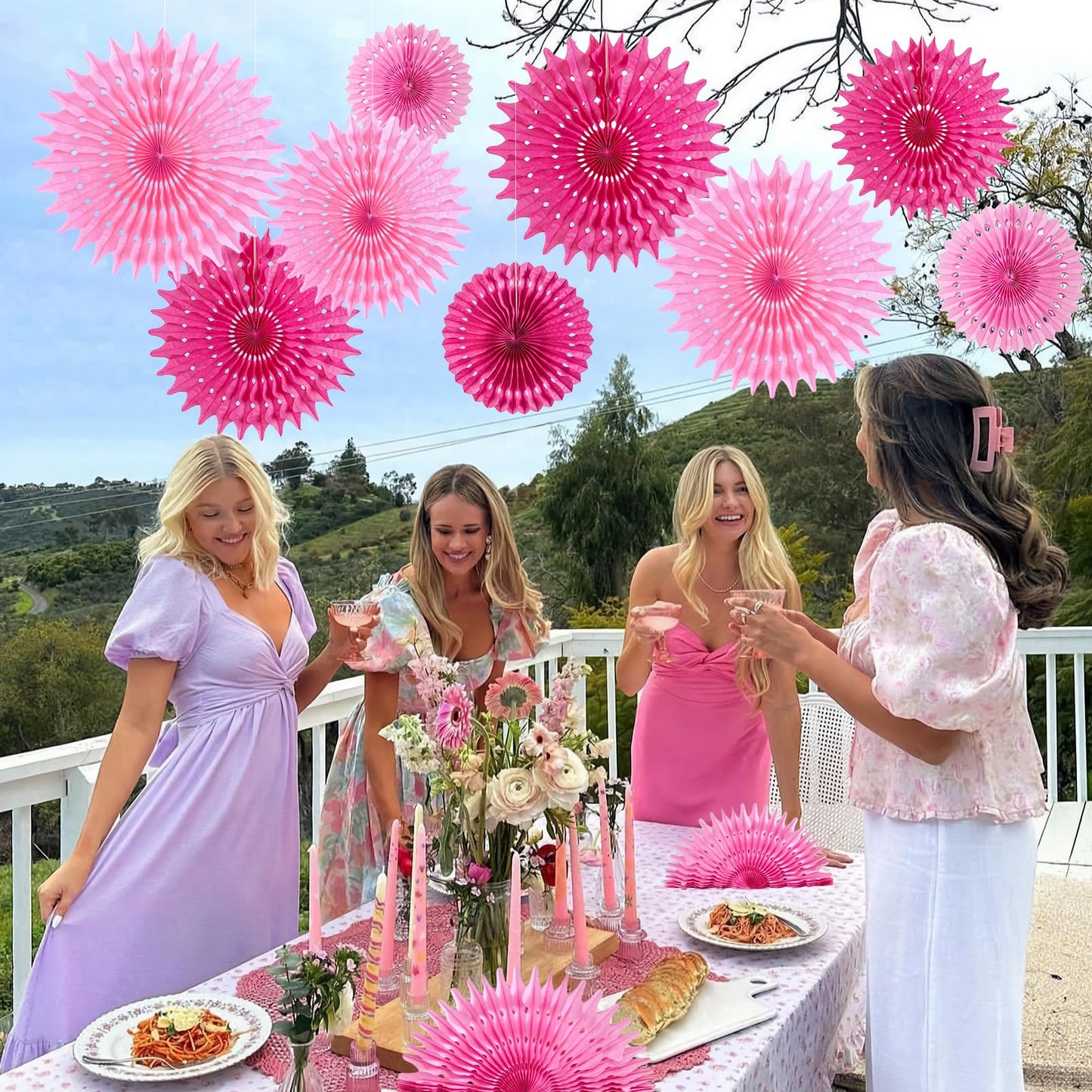 SUNBEAUTY Hanging Honeycomb Paper Fans, 12Pcs Hot Pink Hanging Tissue Paper Flowers Party Decorations for Wall, Pink Birthday Paper Decor for Baby Shower, Graduations, Bachelorette, Wedding, Room