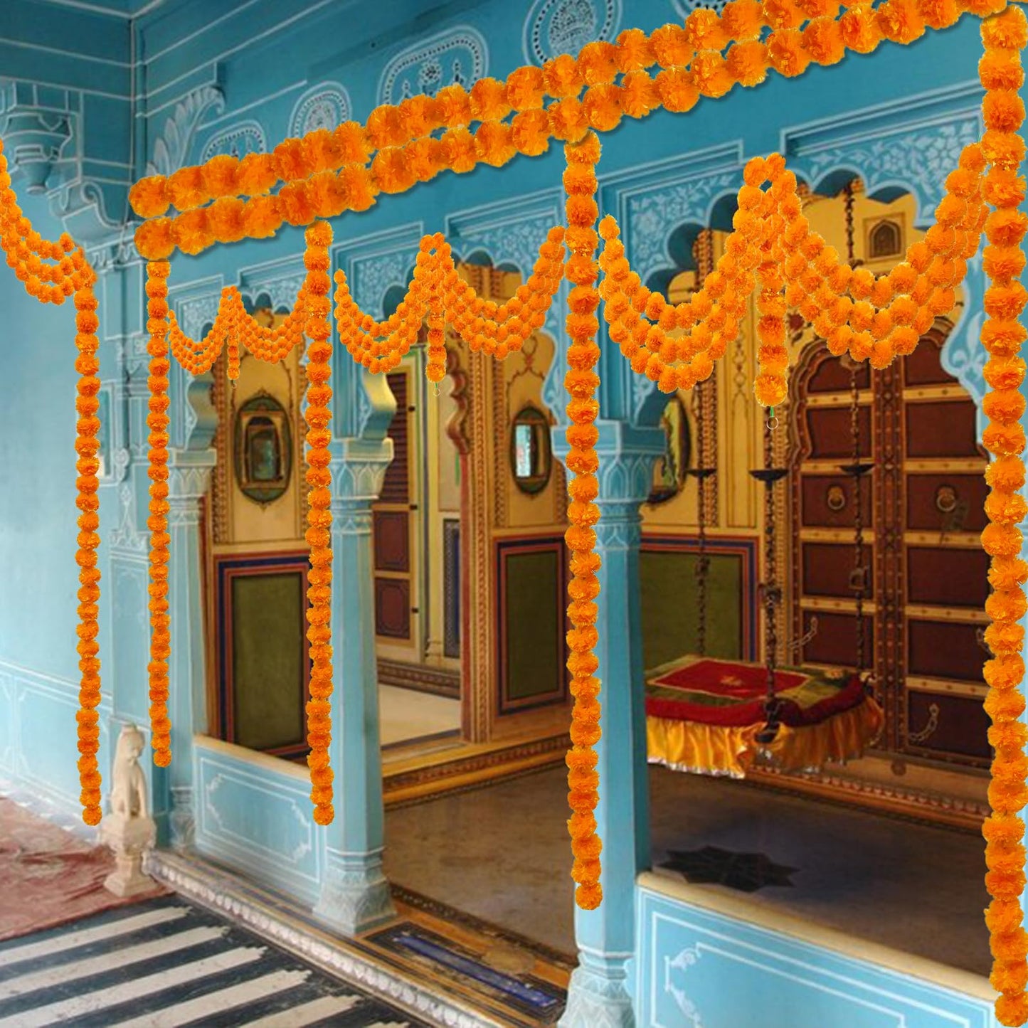 TWITTOOLS 4 Pcs Long Marigold Garland for Decoration, 5 Feet Artificial Orange Marigold Flowers Indian Pooja Diwali Home Wedding Mantle Decor