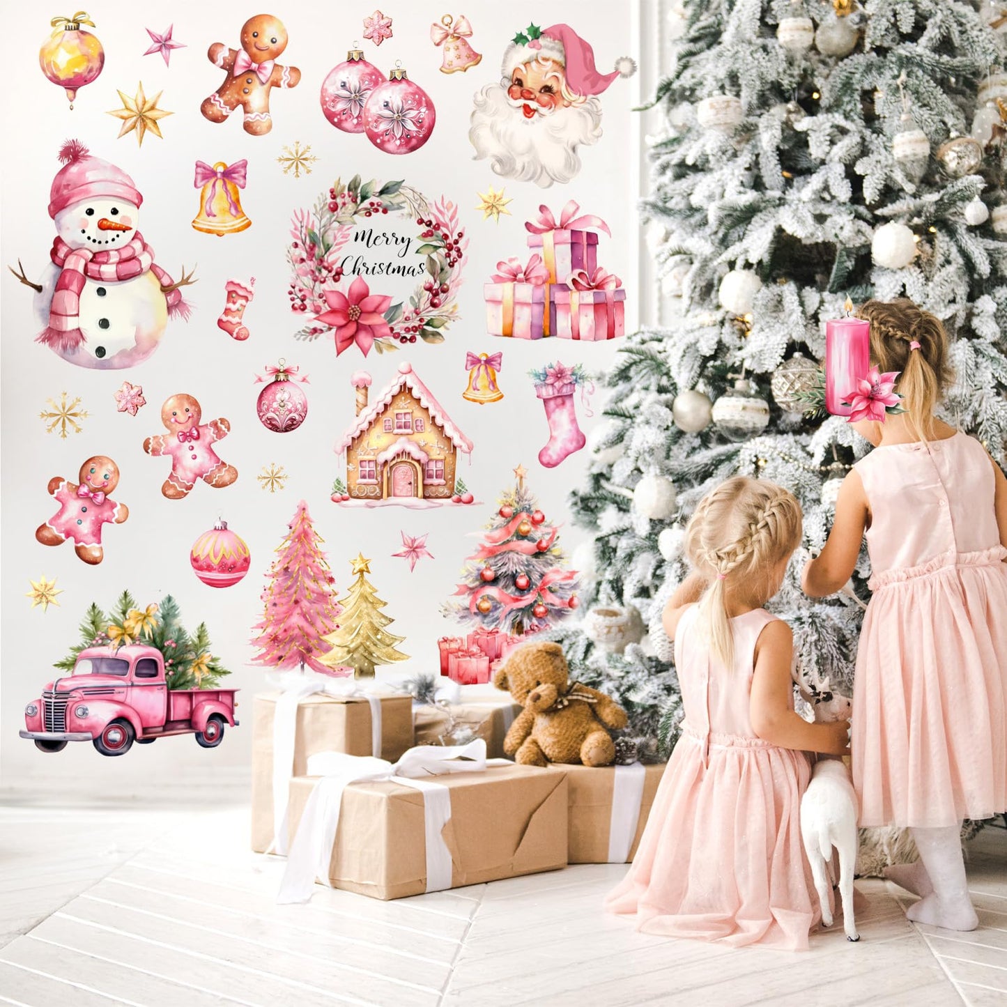 JarThenaAMCS Christmas Wall Stickers Xmas Tree Snowman Santa Wall Decals Large Pink Gold Room Mural Stickers for Winter Home Party Decor, 7.9 x 11.8 Inch, 9 Sheets