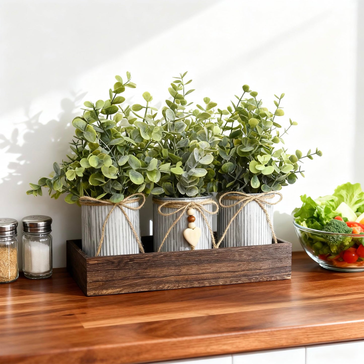 HEMYLU Artificial Flower Decorative Centerpiece, Frosty Green Eucalyptus Table Arrangement with 3 Rustic Metal Pots and Wood Tray for Farmhouse Home Décor