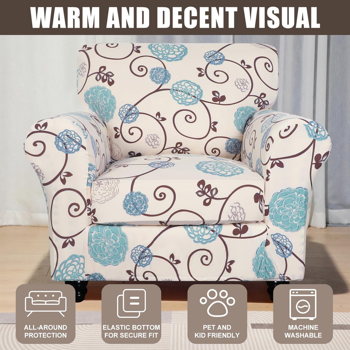 SearchI Stretch Sofa Cover Printed Couch Covers, Floral Pattern 2 Piece Armchair Slipcover with Separate Chair Cushion Cover, Washable Furniture Protector for Living Room(Armchair, Ball Flower)