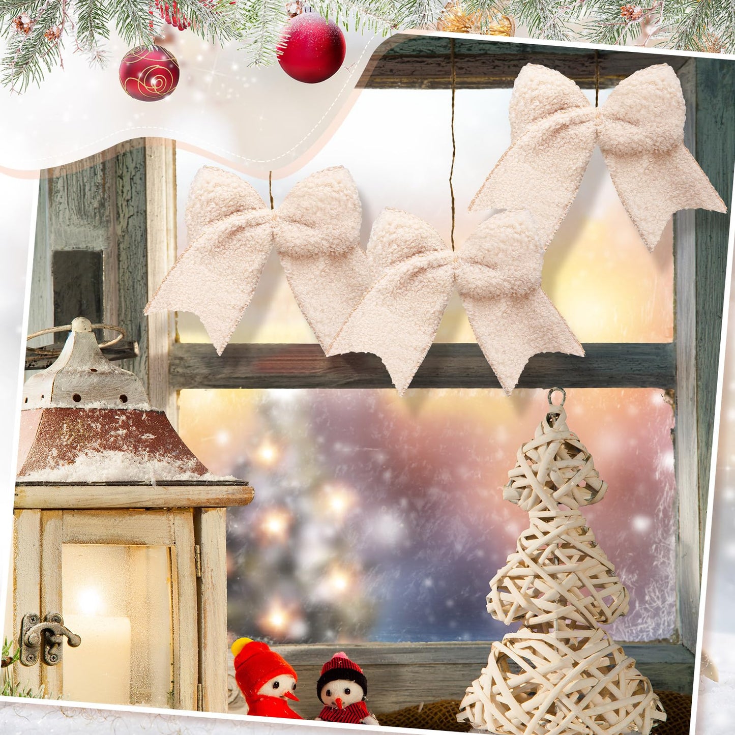 Tudomro 12 Pcs Natural Christmas Bow Tree Ornaments 6 Inch Rustic Plush Christmas Tree Decor Lambswool Bows Ornaments for Xmas Garland Wreath DIY Craft Decorations