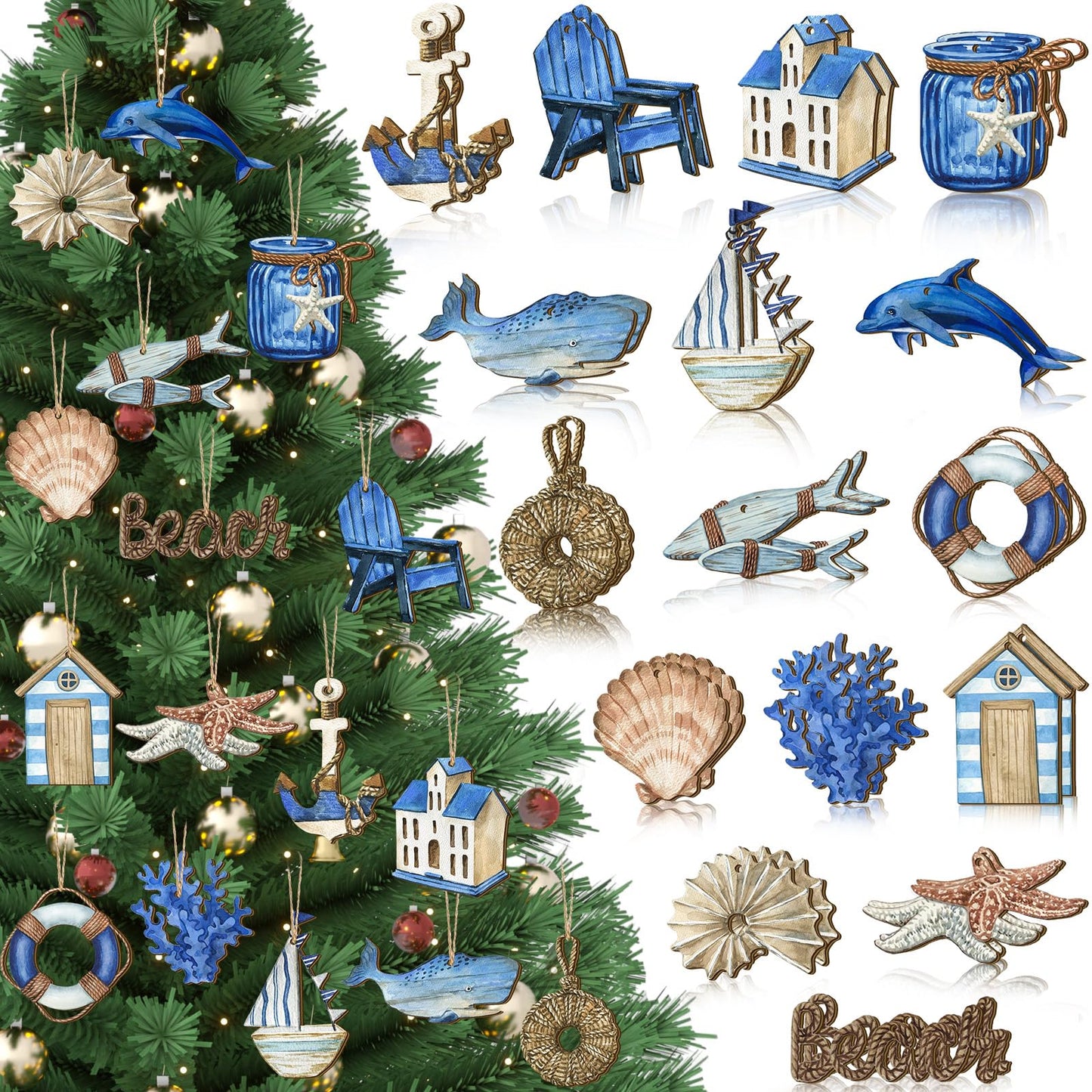 Maitys 36 Pcs Beach Wooden Ornaments Ocean Summer Tree Decorations Coastal Nautical Seaside Wood Cutouts Navigation Hanging Ornaments Xmas Decorations for Home Tree Wall Wreath Crafts(Ocean)