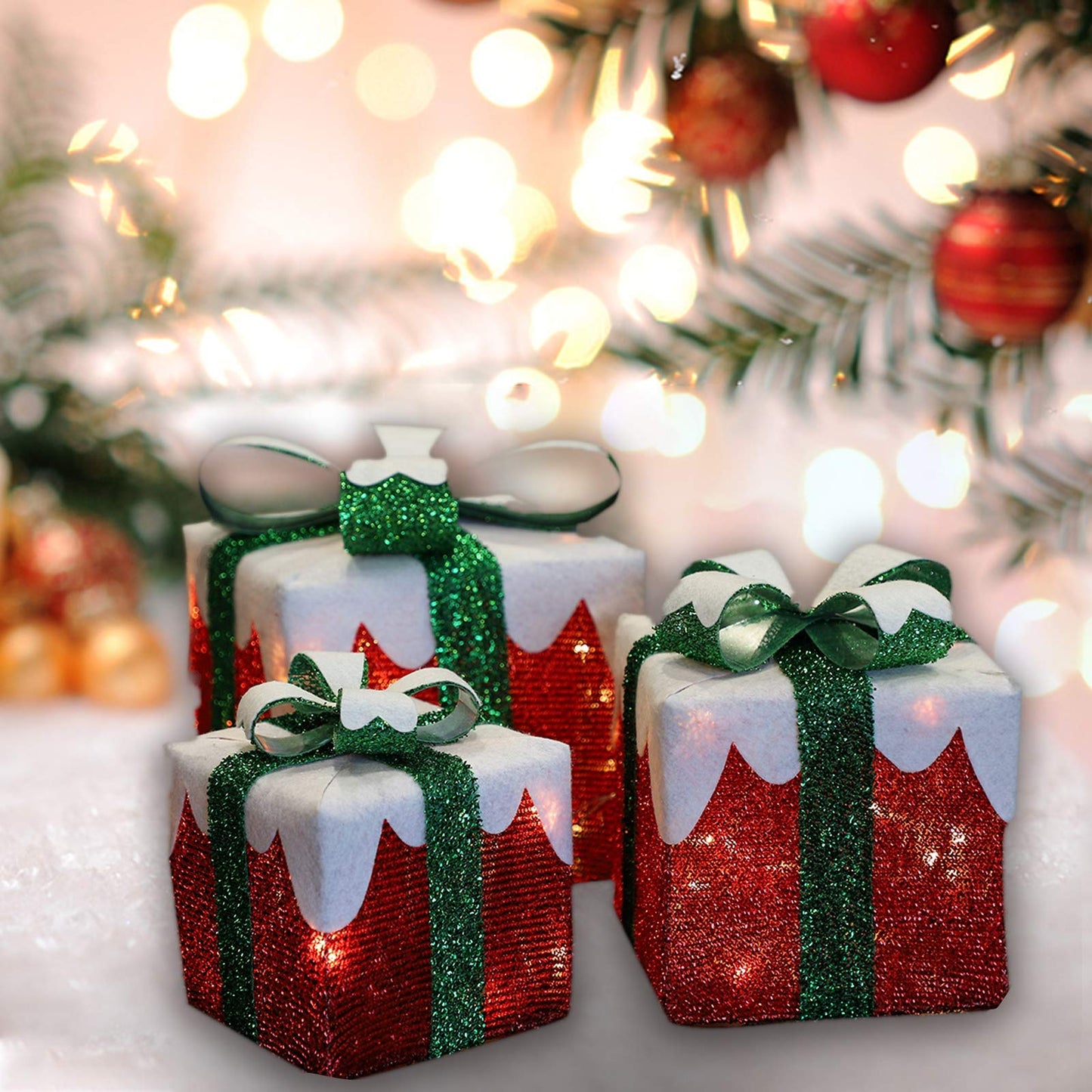 MorTime Set of 3 LED Boxes with Green Bows, Lighted Red Boxes with 60 LED Light String for Christmas Indoor Outdoor Home Yard Party Decoration