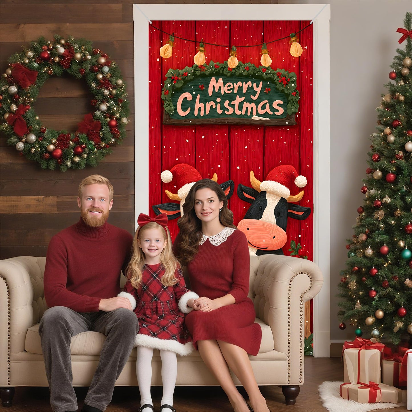 Christmas Door Cover, 35.4 x 70.8 inch Merry Christmas Door Cover Hanging Banner Backdrop Xmas Winter Holiday Decor for Front Door, Two cows