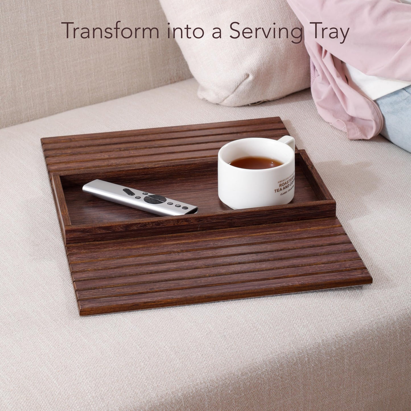 DETOR Couch Arm Tray with Spacious 12.4" x 5.4" Storage Box, Walnut Bamboo Finish, Enhanced Non-Slip Felt Bottom, Sturdy Bamboo Slats, Fits Armrests 6" and Wider