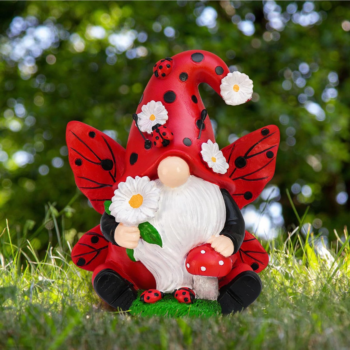 KnomeKo Ladybug Gnome Garden Decor, Fairy Gnome Figurine with Flowers, Spring Summer Outdoor Garden Decorations for Yard Lawn Patio, Garden Gifts for Women