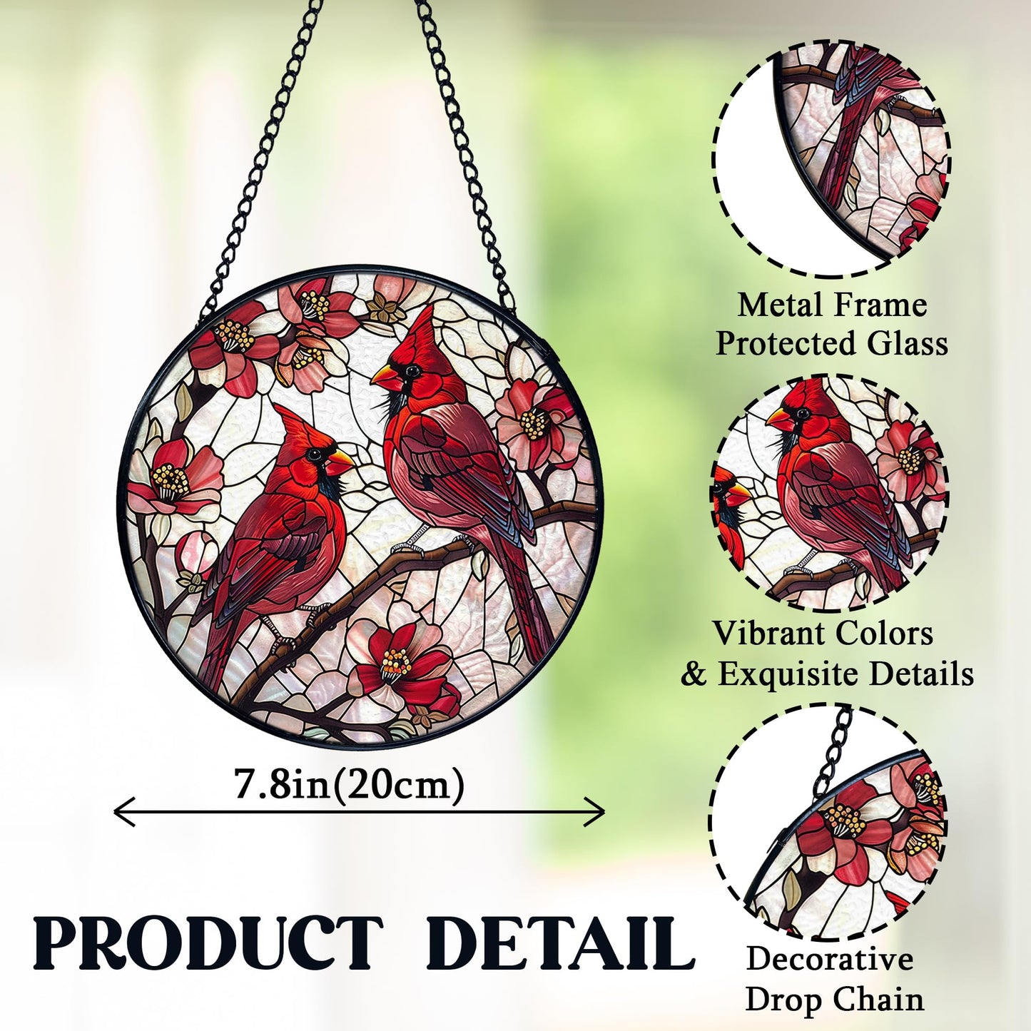 FUGWN Cardinal Bird Stained Glass Window Hanging, Red Cardinal Flower Sun Catchers Indoor Window Round Glass Wall Art Decor, Bird Suncatcher Wall Hanging Decorations, Gardening & Lawn Care