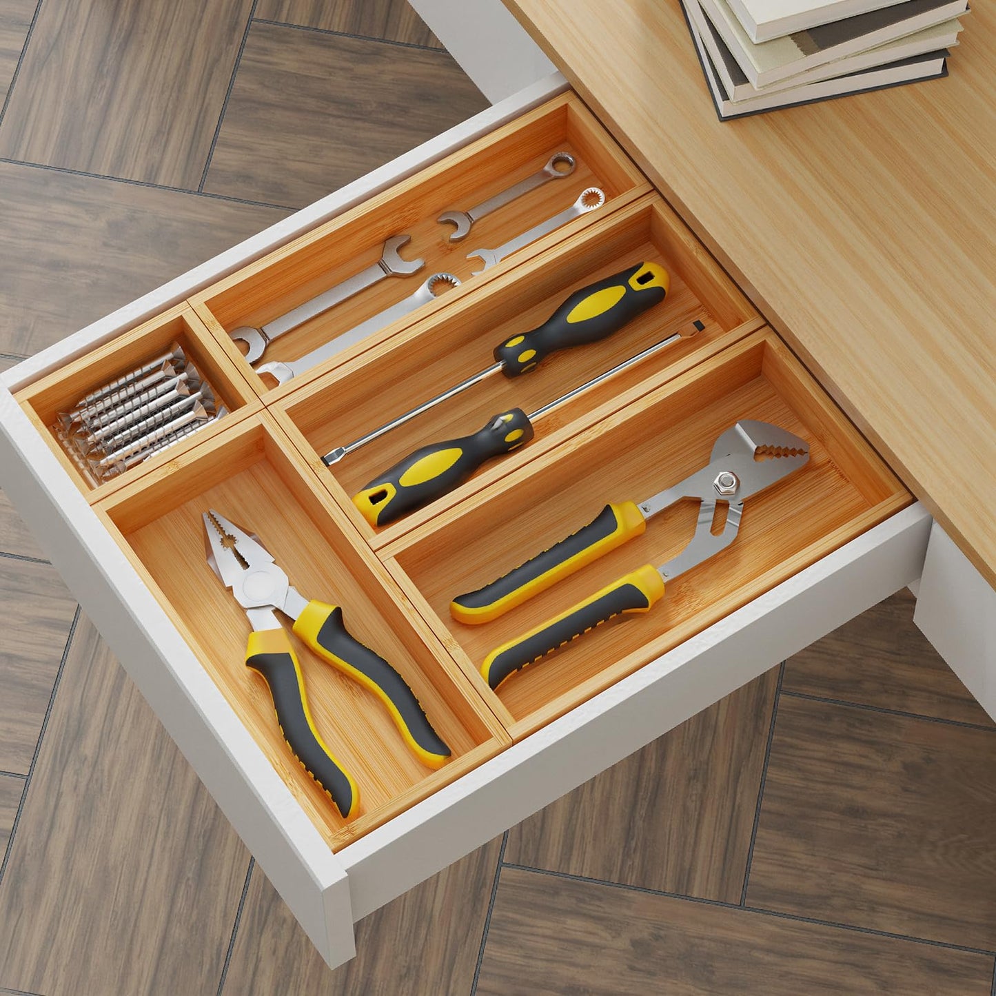 HUCINIUN Bamboo Drawer Organizer Boxes, 5 PCS Junk Drawer Organizer, Wooden Storage Trays for Kitchen, Bathroom, Office, Makeup