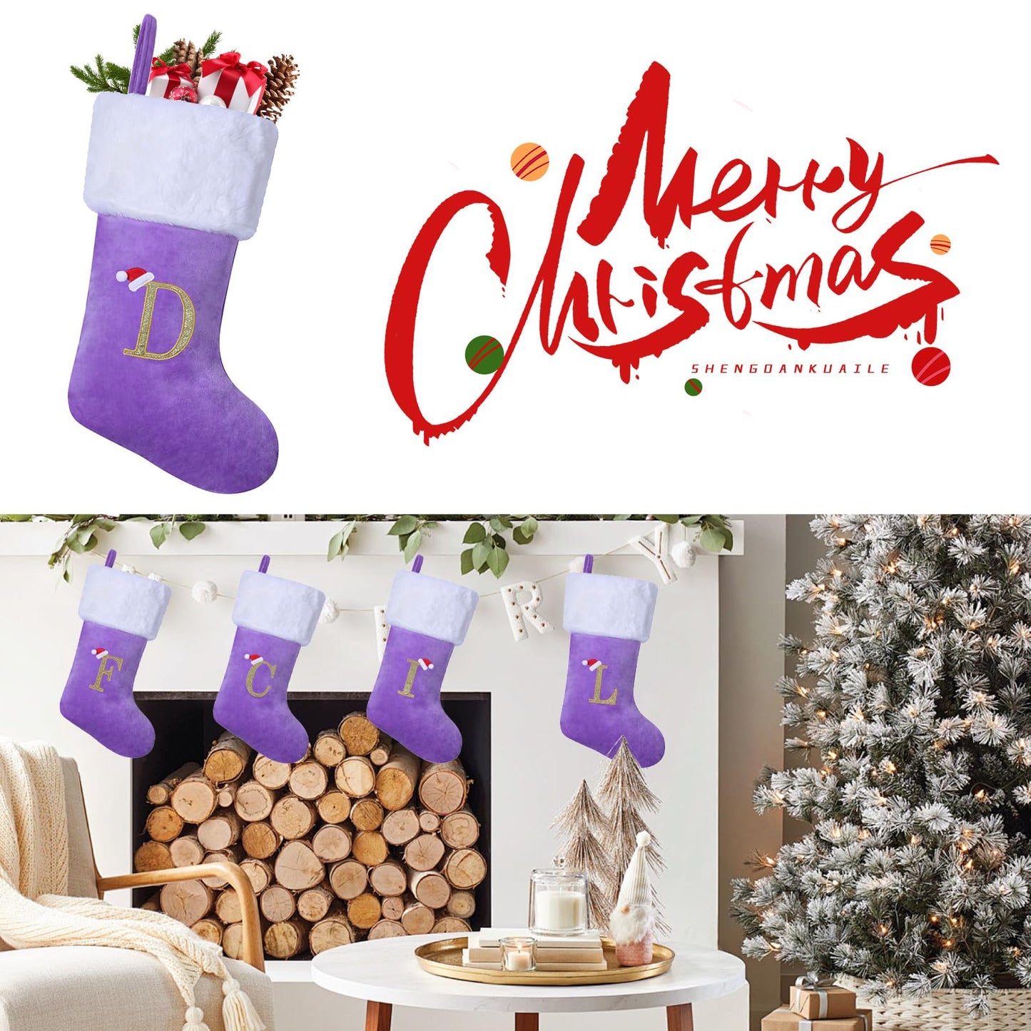 AUAWMLK 20-Inch Christmas Stocking with Embroidered Letter, Thick and Luxurious Purple Velvet with Super Soft Plush Cuff Personalized Festival Decoration for Xmas and New Year Party (Letter A)