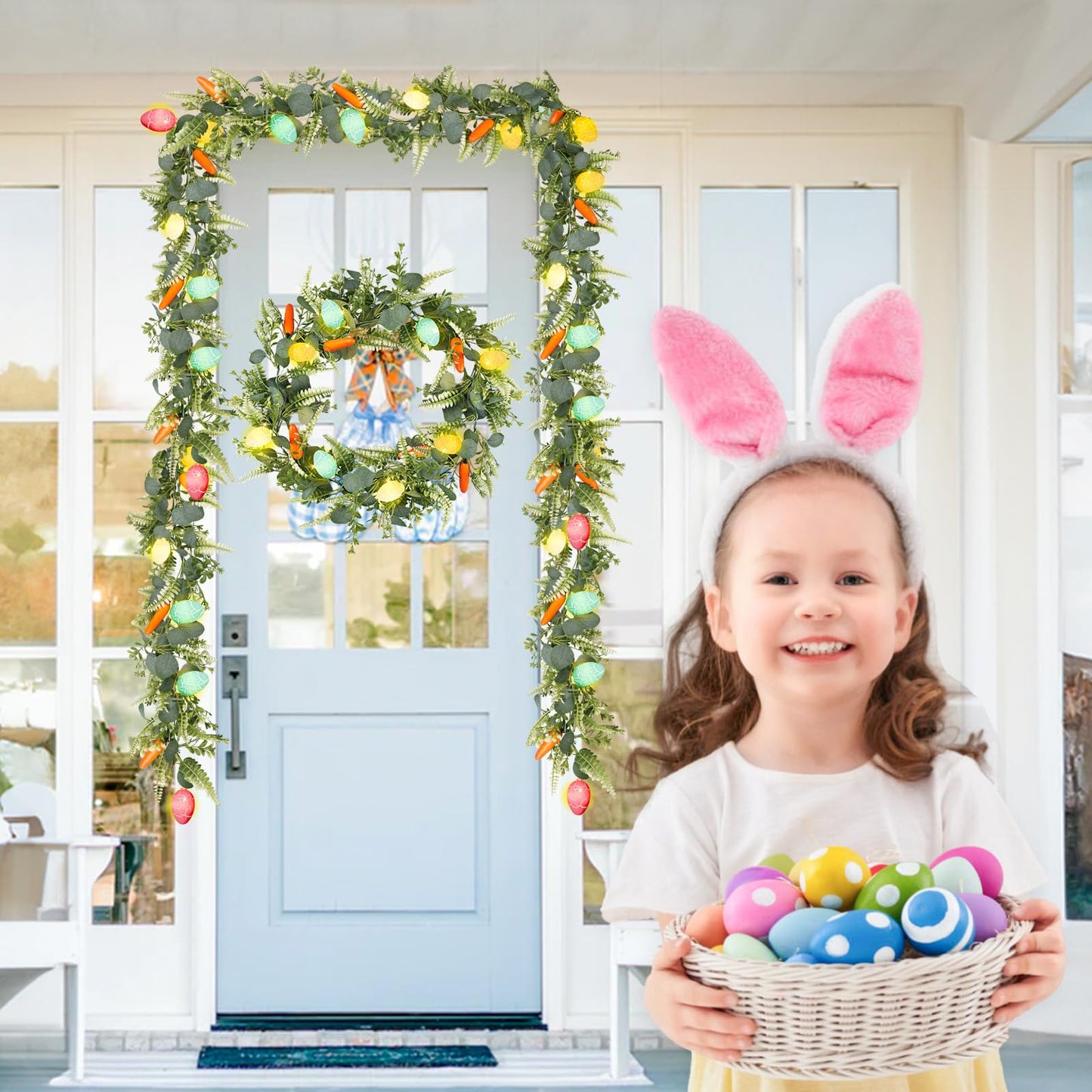 N&T NIETING 6 FT Easter Artificial Garlands with 10 Glowing Eggs & 6 Carrots, Fern Garland for Home Kitchen Fireplace Indoor Outdoor Holiday Party