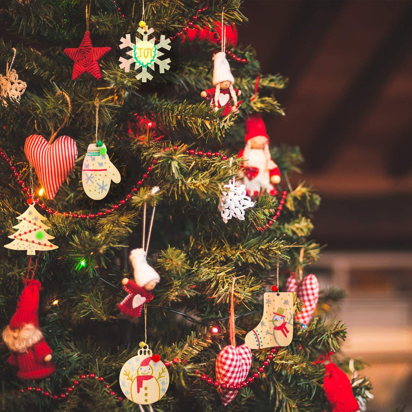 Boao 254 Pcs Christmas Wooden Ornaments 50 Pcs Unfinished DIY Crafts Slices Wood Christmas Tree Hanging Decoration with Bells Pom Poms Wiggle Eyes Marking Pens for DIY Xmas Decor