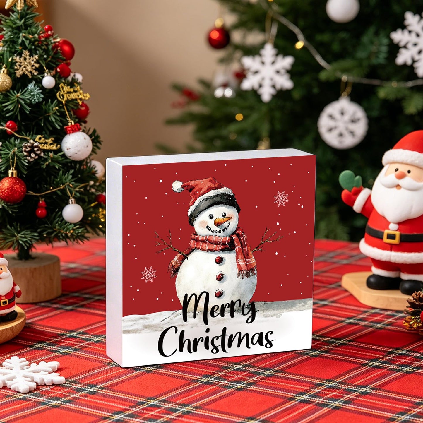 Christmas Decorations Indoor Christmas Decor Table Winter Home Room Snowman Office Bathroom Wood Box Sign Rustic Wooden Shelf Desk Decor Season Sign House Warming Gifts 5.9 x 5.9 Inch