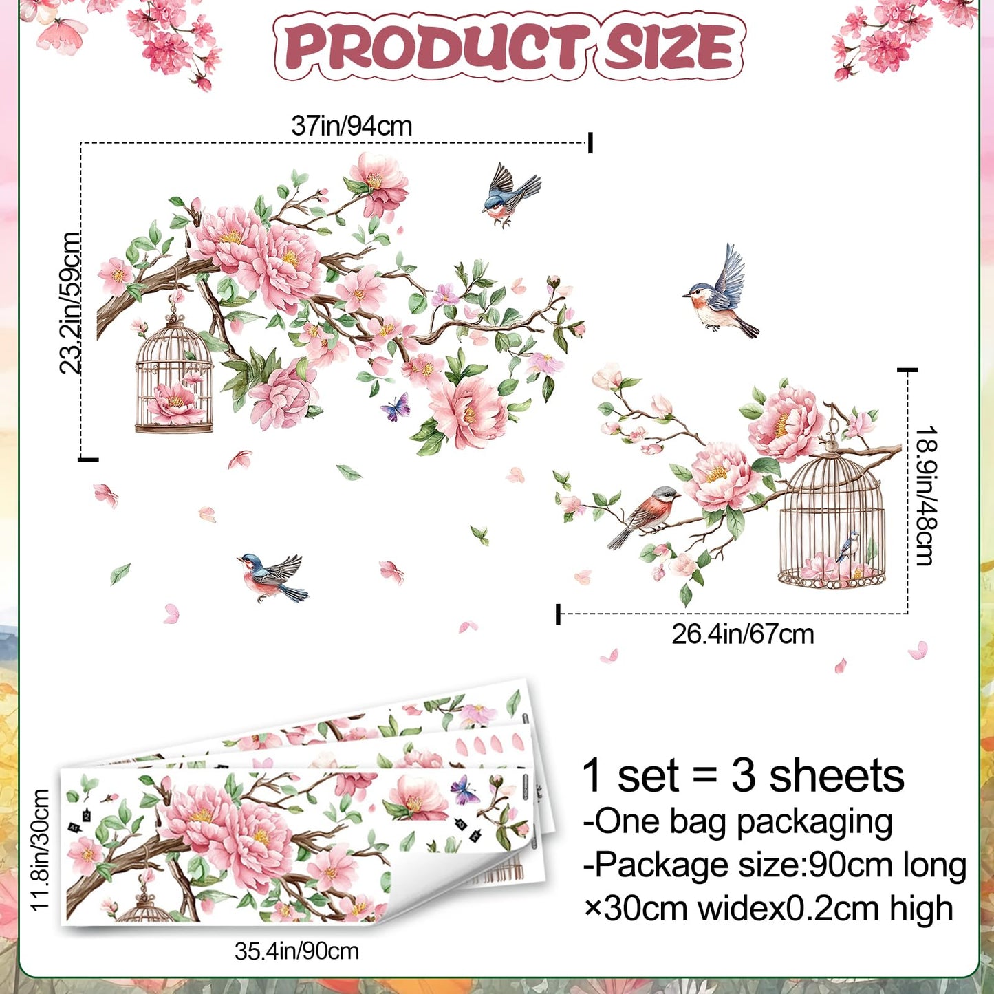 Removable Large Flowers with Tree Branches Wall Stickers β DIY Peony Floral Birds Wall Decals, Peel and Stick Leaves & Birdcage Wall Decor for Kids Girls Bedroom, Nursery, Living Room, Classroom