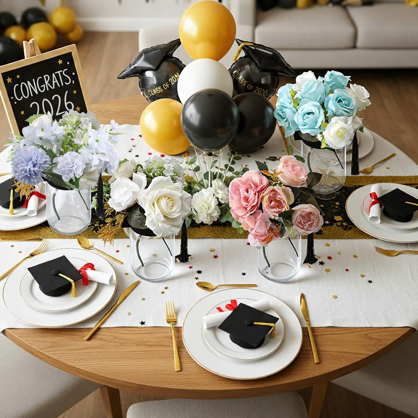 Qinyoung 6 Pcs 2026 Graduation Table Decoration Centerpiece Class of 2026 Graduation Decoration for Table Mason Jar with Grad Cap for Centerpiece Flower College High School Congrat Grad Party (Black)