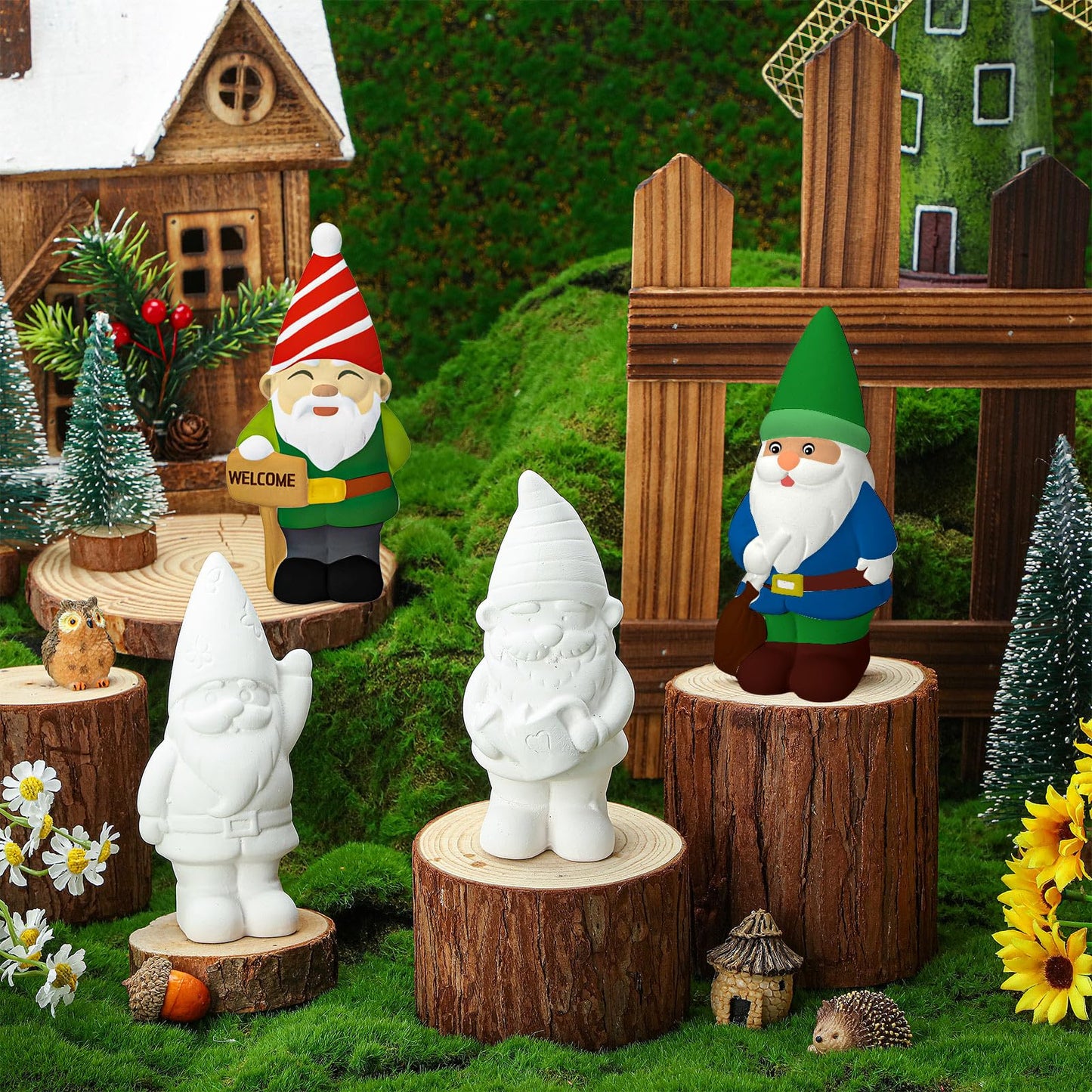 Barydat 4 Sets Spring Ceramic Gnomes to Paint Ready to Paint Your Own Gnome with Brush 5 Inches Arts Crafts for Adults Xmas DIY Figurines Kit
