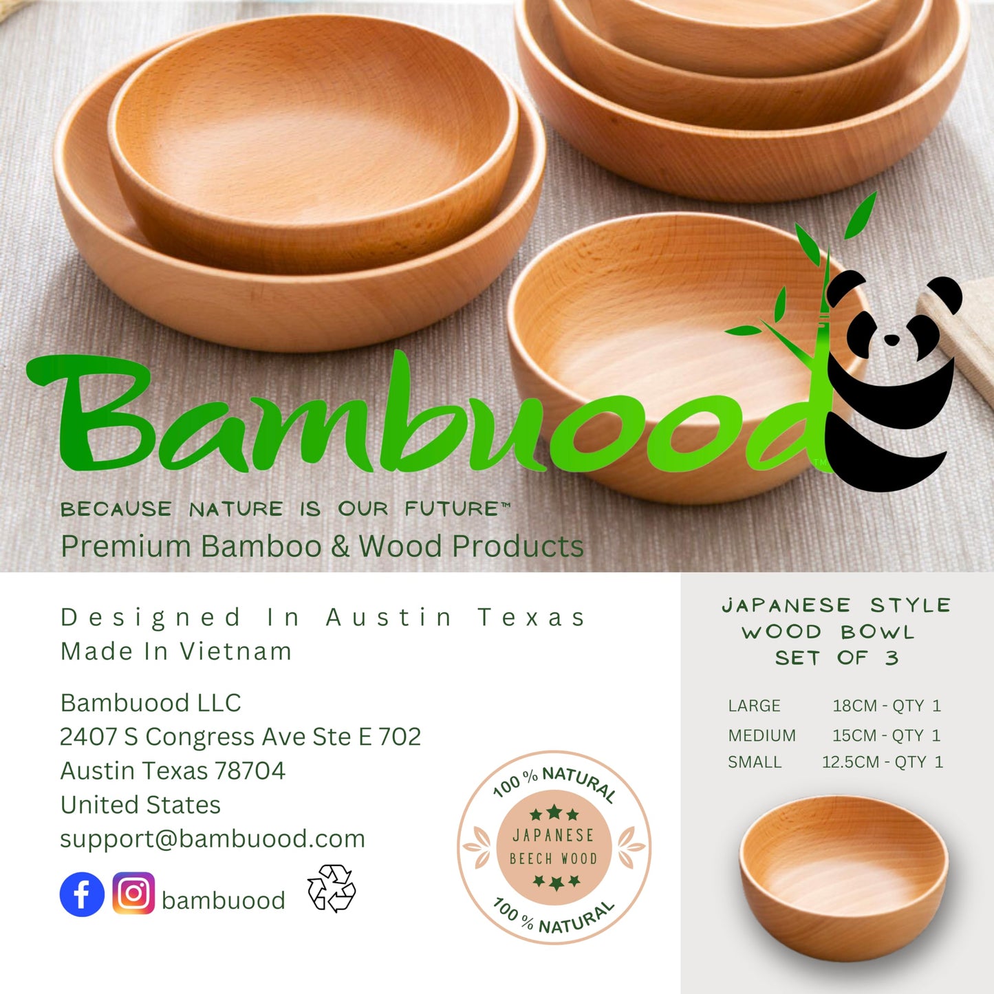 Bambuood Japanese Inspired Vintage Style Wooden Bowl - Manual Polished Original Sustainable Japanese Beech Wood - Ideal for Fruit, Salad, Soup, Vegetables, Serials & Nuts (Small 12.5cm (5"x1.8")