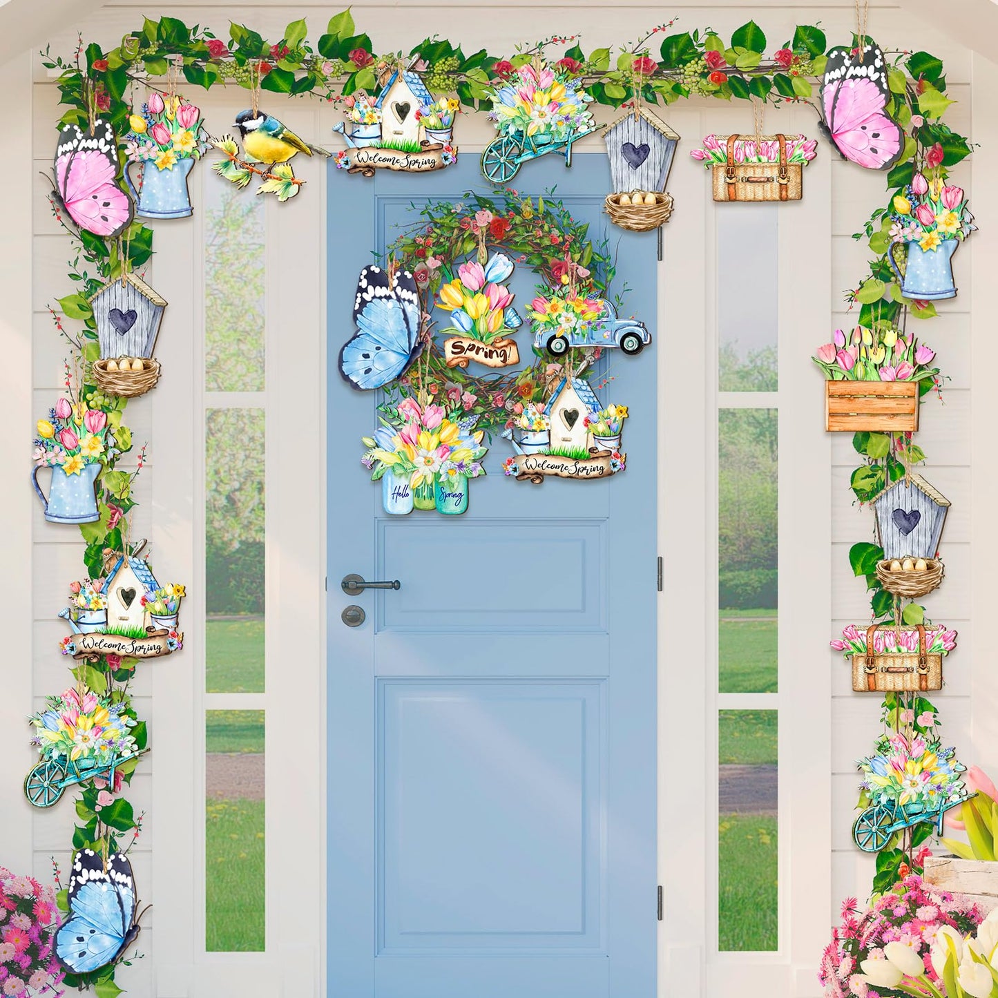 Anglechic 36 Pcs Spring Tree Ornaments Hawaiian Wood Hanging Decoration Butterfly Bird Truck Patterns Ornaments for Tree Luau Hawaiian Party Supplies
