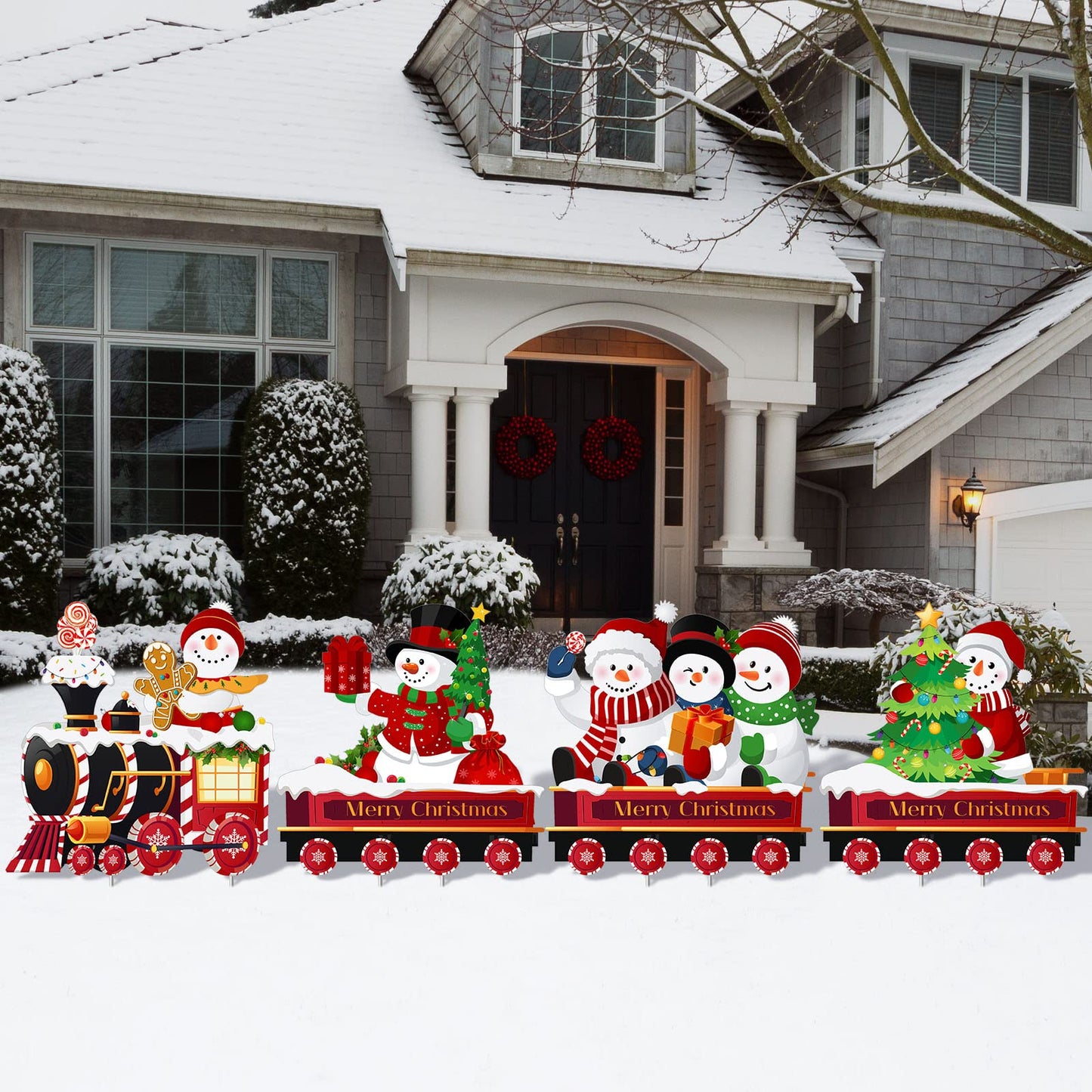 Marsui 4 Pieces Christmas Train Decorations Outdoor Yard Lawn Signs Christmas Tree Gingerbread Santa Snowman Reindeer Train with 8 Stakes for Xmas Holiday Outside Garden Lawn Yard Decor
