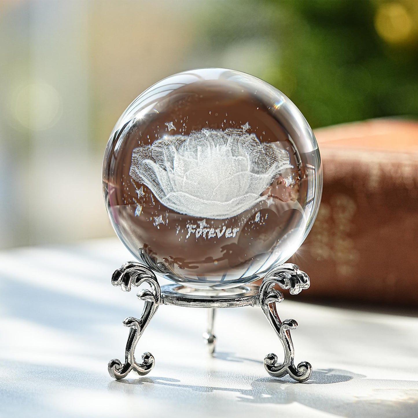HDCRYSTALGIFTS 60mm 3D Inner Engraved Rose Flower Crystal Ball Paperweight with Sliver Stand Glass Sphere Rose Figurines Collectible Fengshui Decorative Ball Home Decor Gifts
