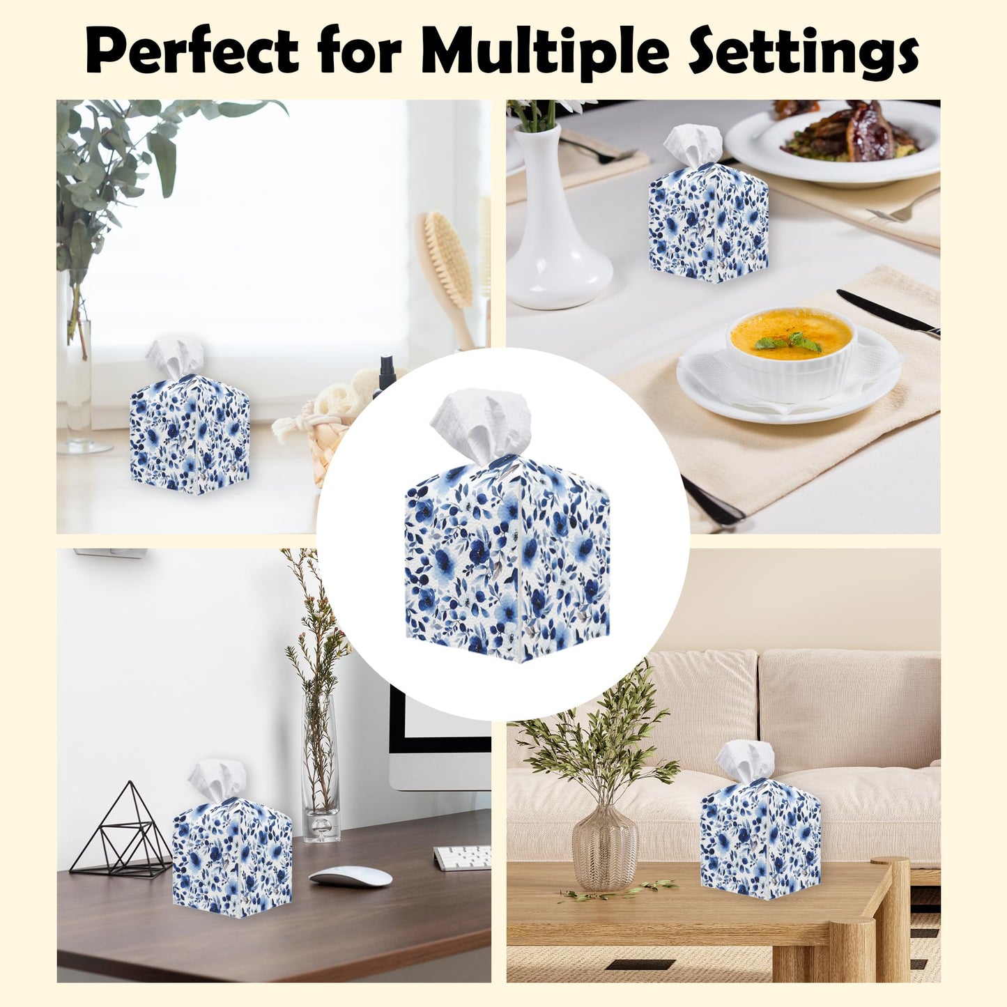 Sweet Blue Flower Watercolor Tissue Box Cover, Leather Tissue Box Holder Square Facial Paper Organizer Dispenser for Bathroom Kitchen Bedroom Vanity Countertop