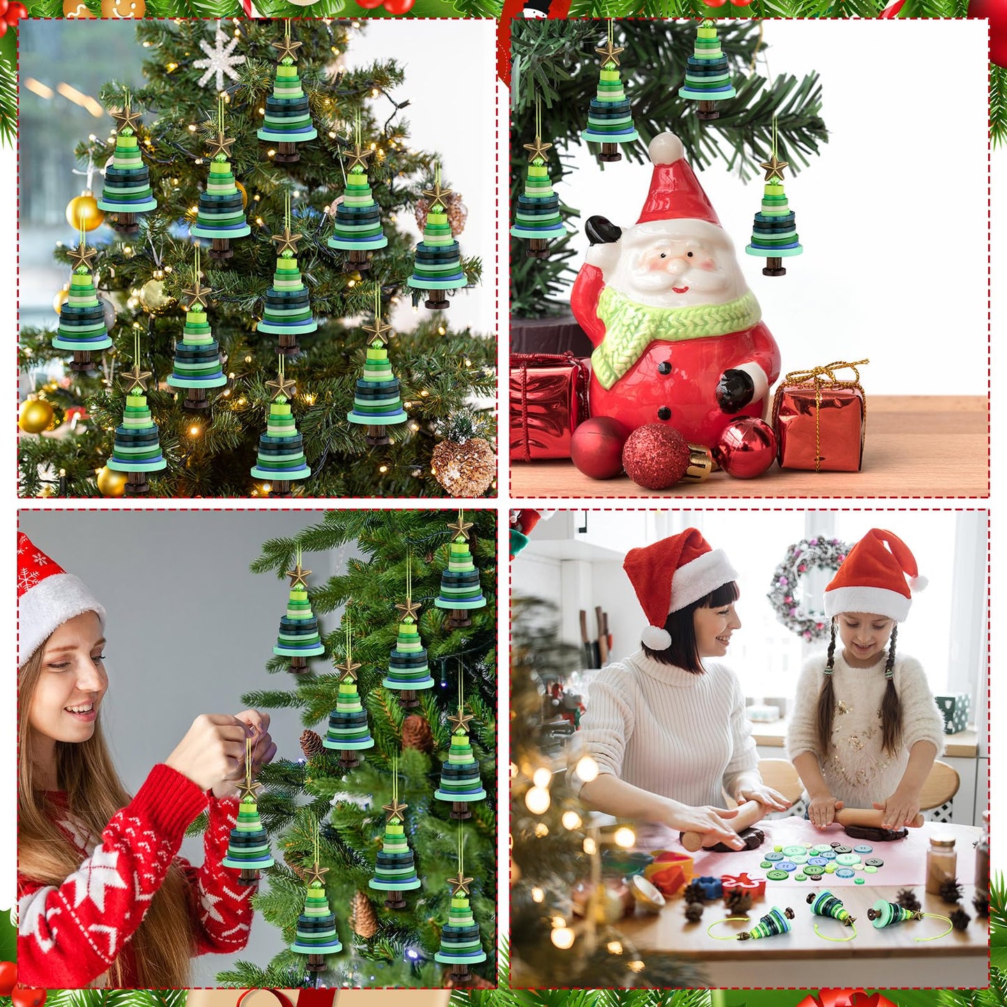 Soulchen 16 Sets Button Winter Ornament Kit Button Christmas Tree Craft DIY Green Hanging Ornament Kit for Home Winter Holiday Party Decoren