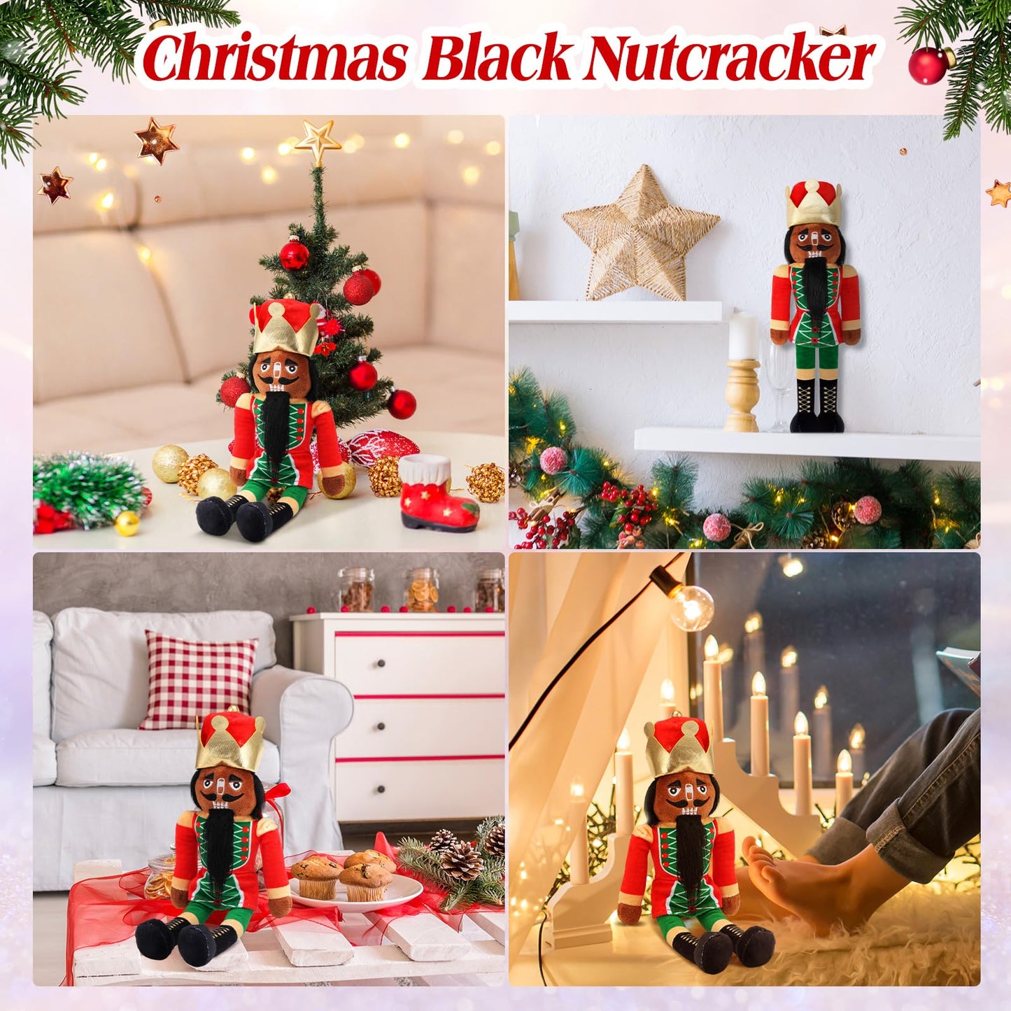 Lunmon 12 Inch Black Nutcracker Stuffed Plush Doll African American Nutcracker Christmas Decorations for Christmas Xmas Holiday Gifts Home Office Table Mantel Centerpieces Party Supplies