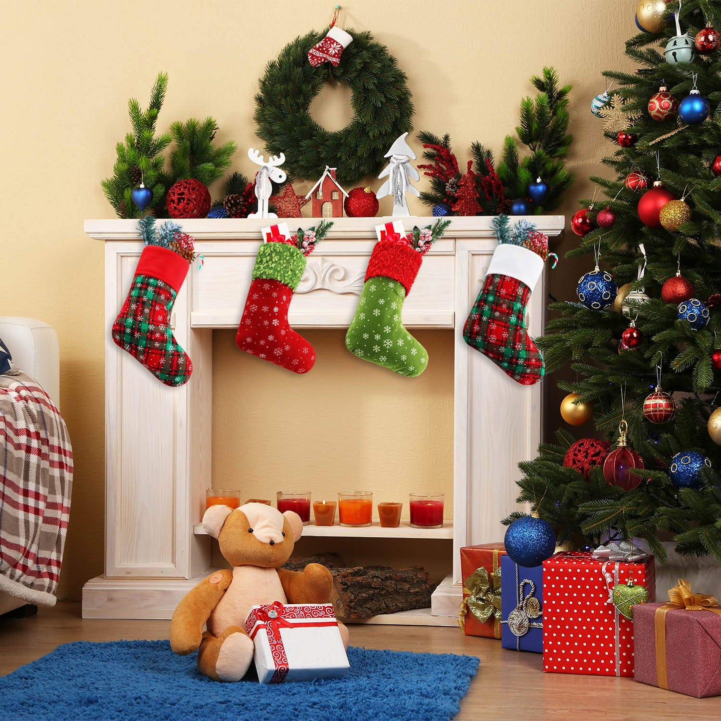 Syhood 24 Pieces 9 Inch Christmas Mini Stockings Plaid Snowflake Christmas Tree Hanging Stocking for Xmas New Year Party Decorations