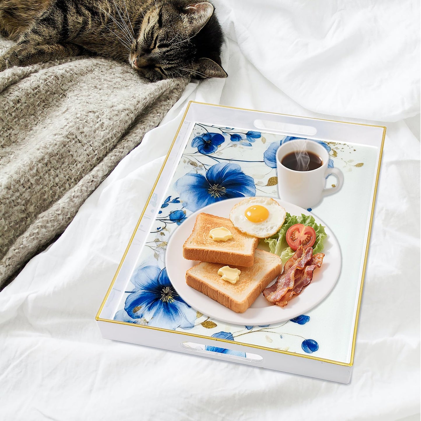 PDUHKO Serving Tray with Handles, 15.7 * 11.8 inches, Plastic Ottoman Tray with Exquisite Paintings, Trays for Coffee Table