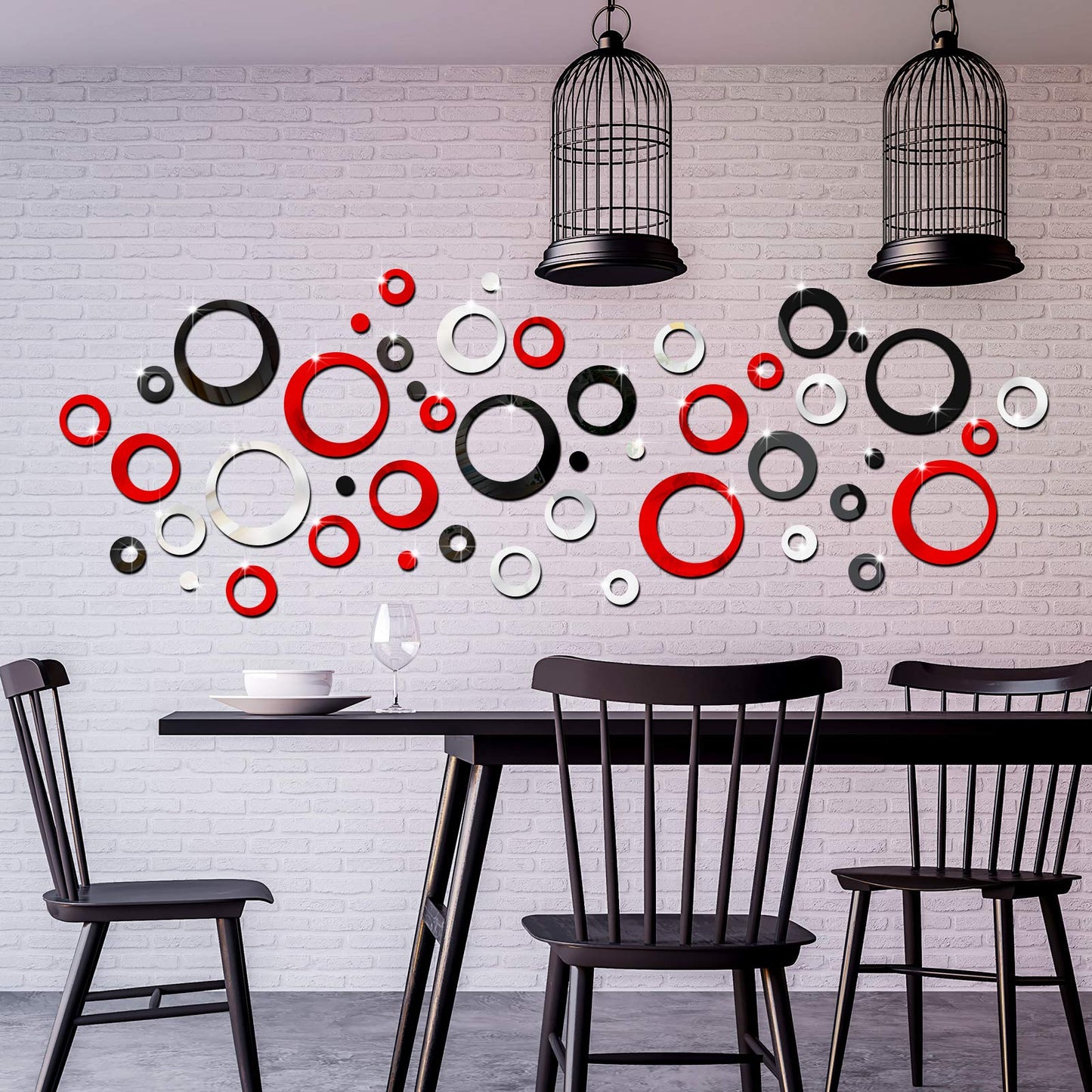 Outus 72 Pieces Wall Stickers Decor Acrylic Circle Mirror Removable Red and Black Wall Decor Round Dots Bulk DIY Red Living Room Decals Modern Art Murals for Home Bathroom Bedroom Decoration