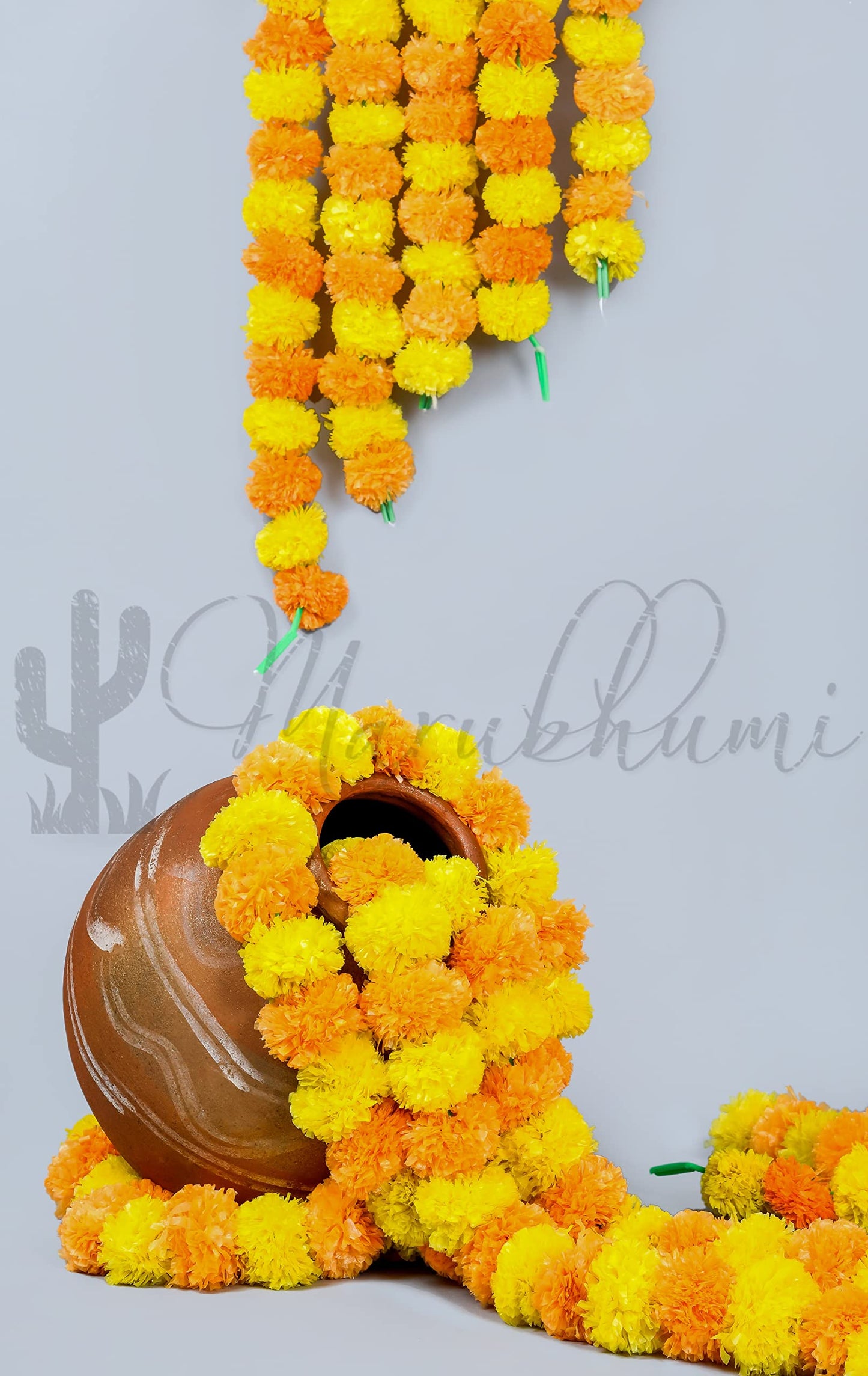Marubhumi 5 PC - 5 feet Artificial Marigold Flower Garland – Long Strands for Diwali, Wedding & Festive Decoration – Traditional Indian Home Decor