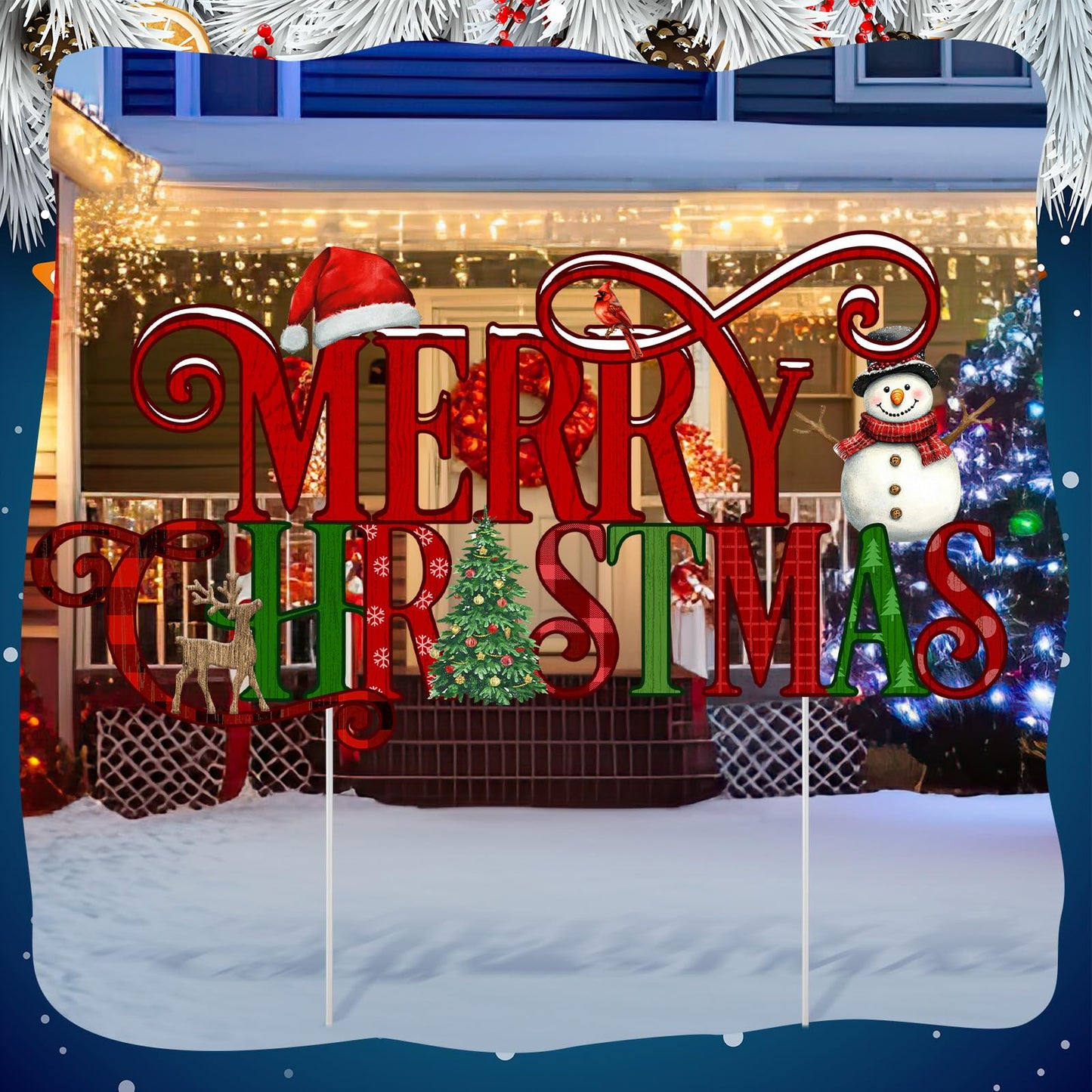 Memorywuu Metal Christmas Decoration Merry Christmas Yard Sign Stake 14.2 Inch Xmas Tree Snowman Santa Hat Outdoor Yard Decor for Xmas Outside Holiday Lawn Decorations Garden Patio Walkway